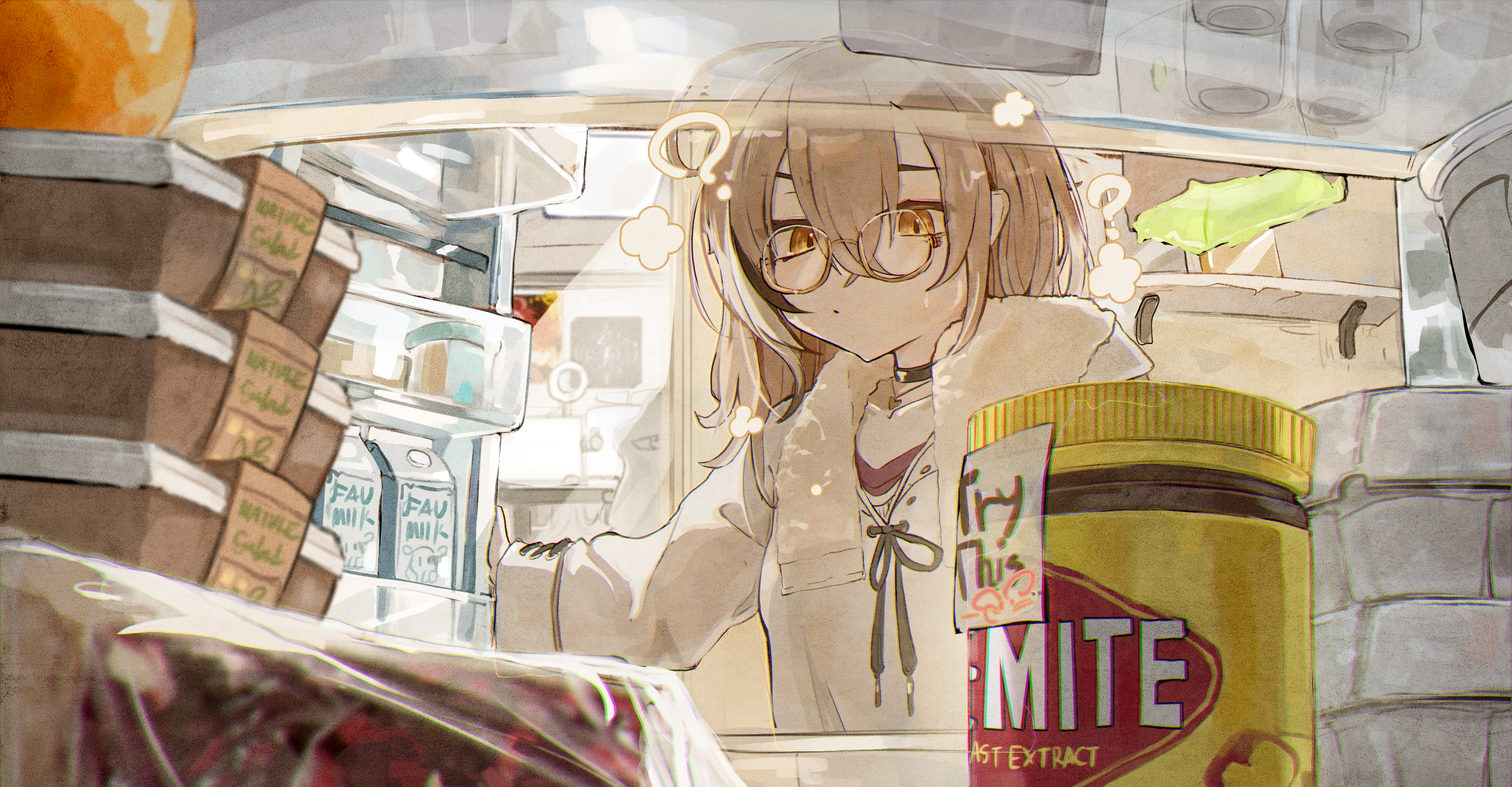Anime 3431x1787 anime anime girls fridge Nanashi Mumei Hololive Virtual Youtuber Nereb hair between eyes glasses women with glasses question mark long hair brunette brown eyes women indoors milk food bright ahoge closed mouth necklace