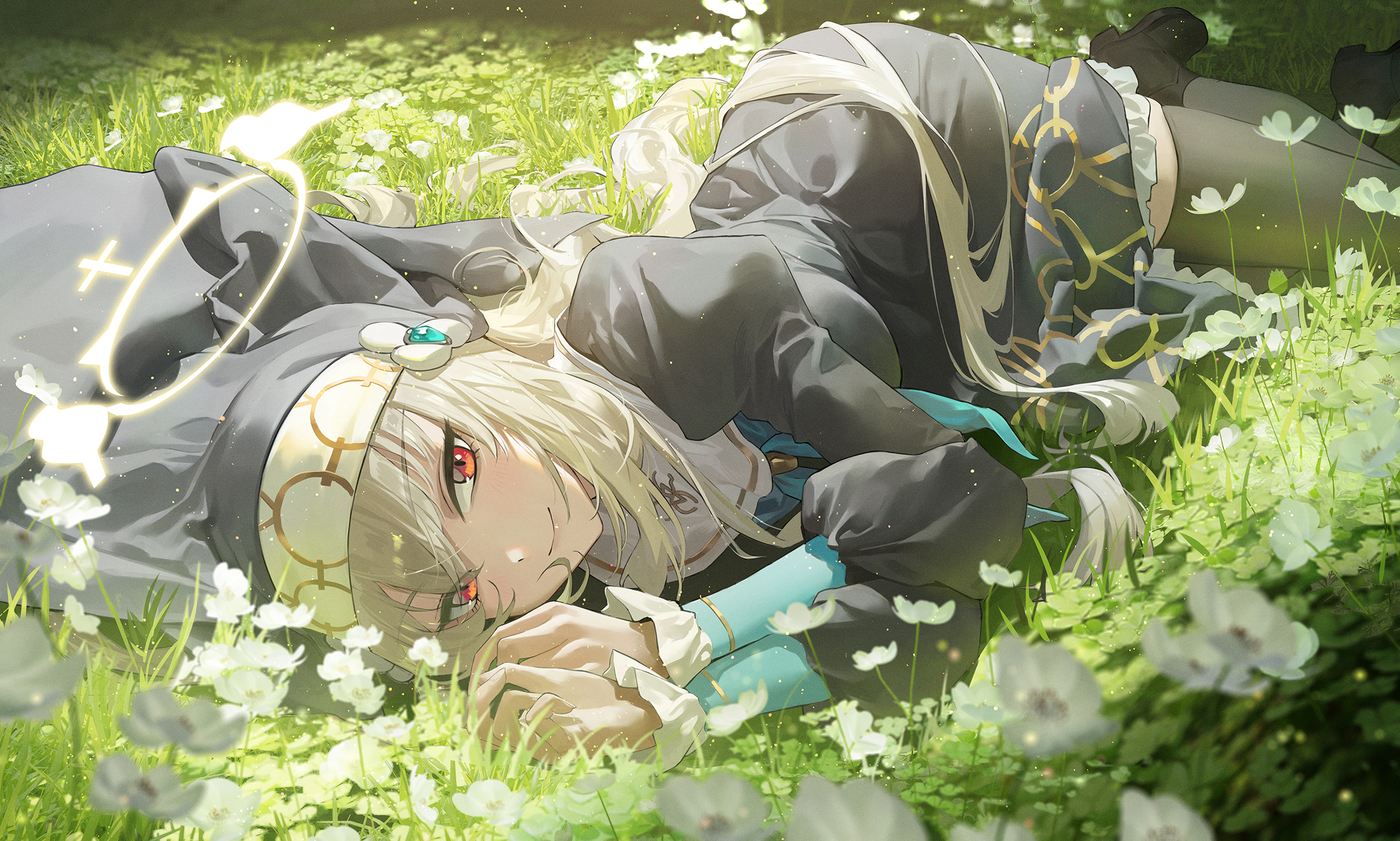 Anime 2248x1350 Blue Archive lying down Sakurako (Blue Archive) lying on side orange eyes nun outfit closed mouth white flowers headdress looking at viewer flowers thigh-highs long sleeves grass nuns field kirino ttk black dress women outdoors halo smiling black thigh highs