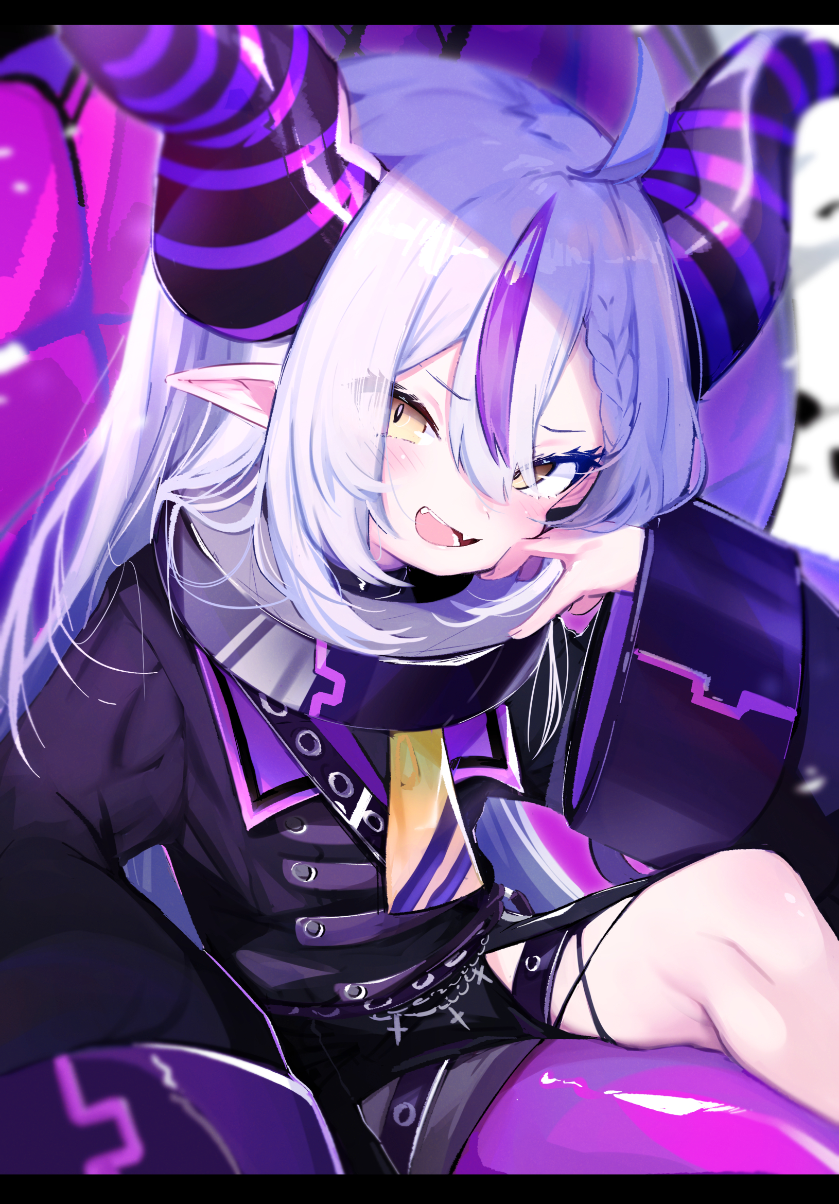 Anime 1630x2339 Laplus Darknesss Hololive portrait display demon horns yellow eyes Virtual Youtuber pointy ears long hair fan art