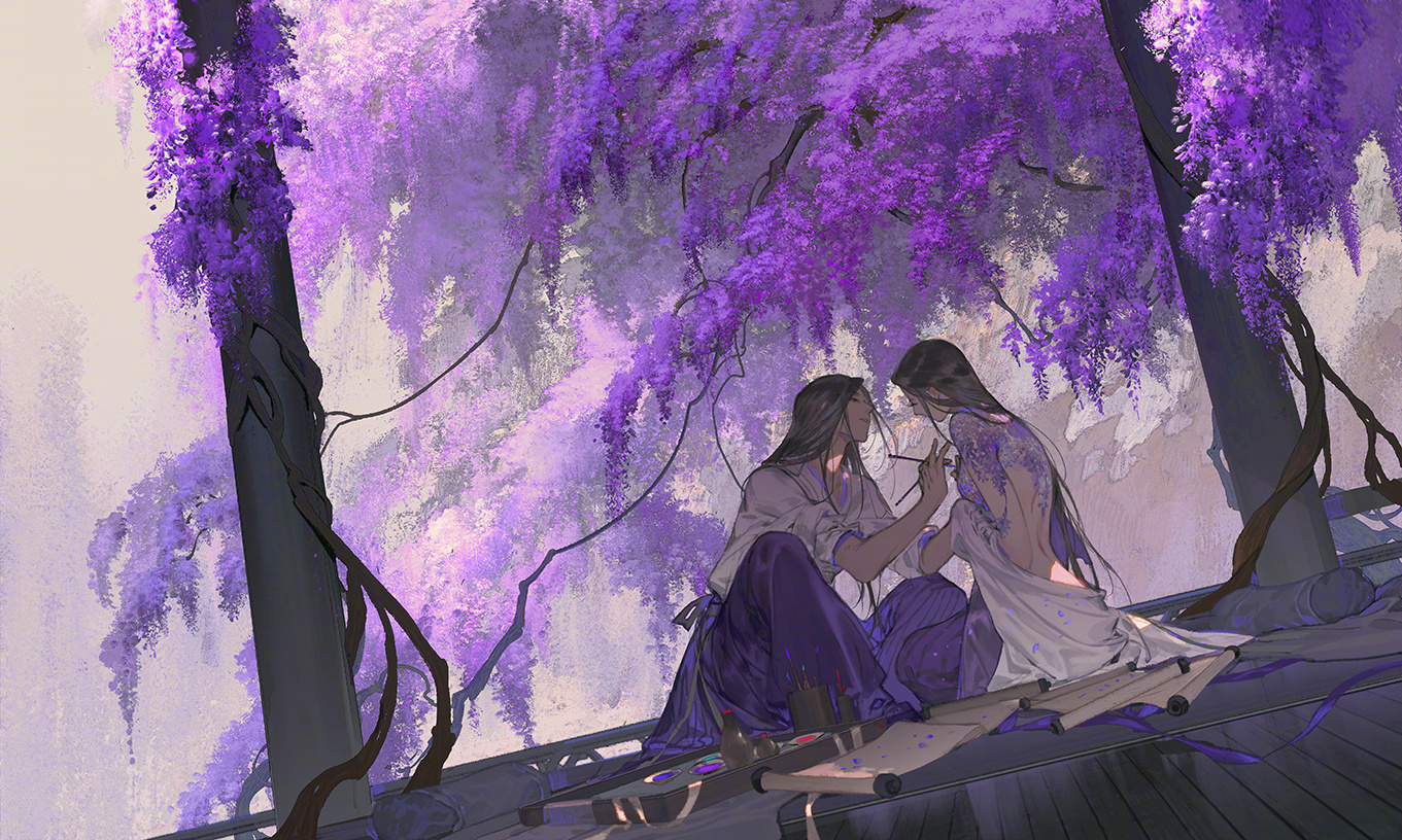 Anime 1361x816 wisteria bare shoulders topless paint brushes painting violet pants long hair outdoors face to face black hair body paint scrolls trees fog flowers boobs tray