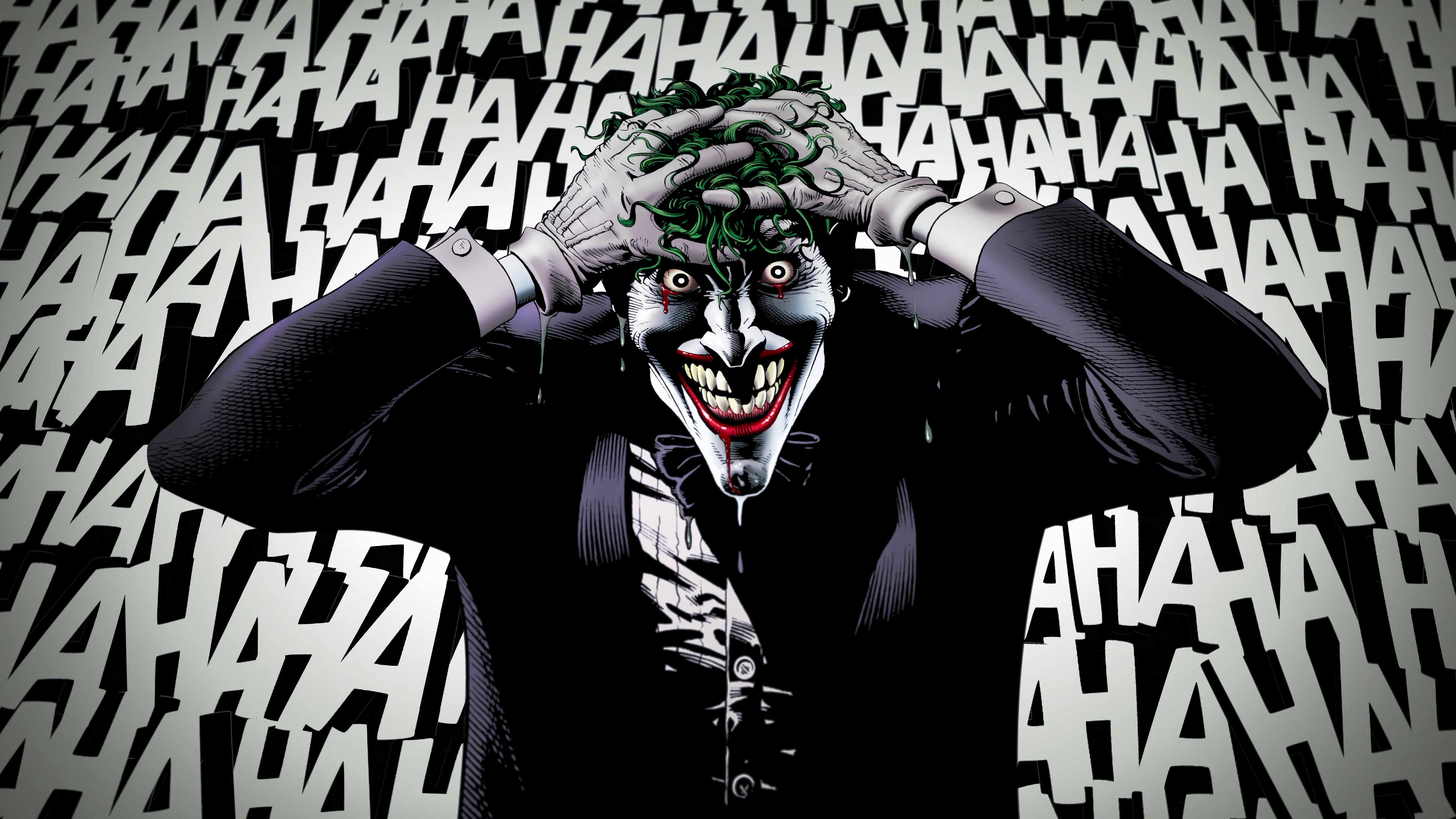 General 3840x2160 Joker text drawn digital art DC Comics villains looking at viewer hand(s) on head teeth smiling simple background green hair red lipstick clown blood gloves white gloves long sleeves