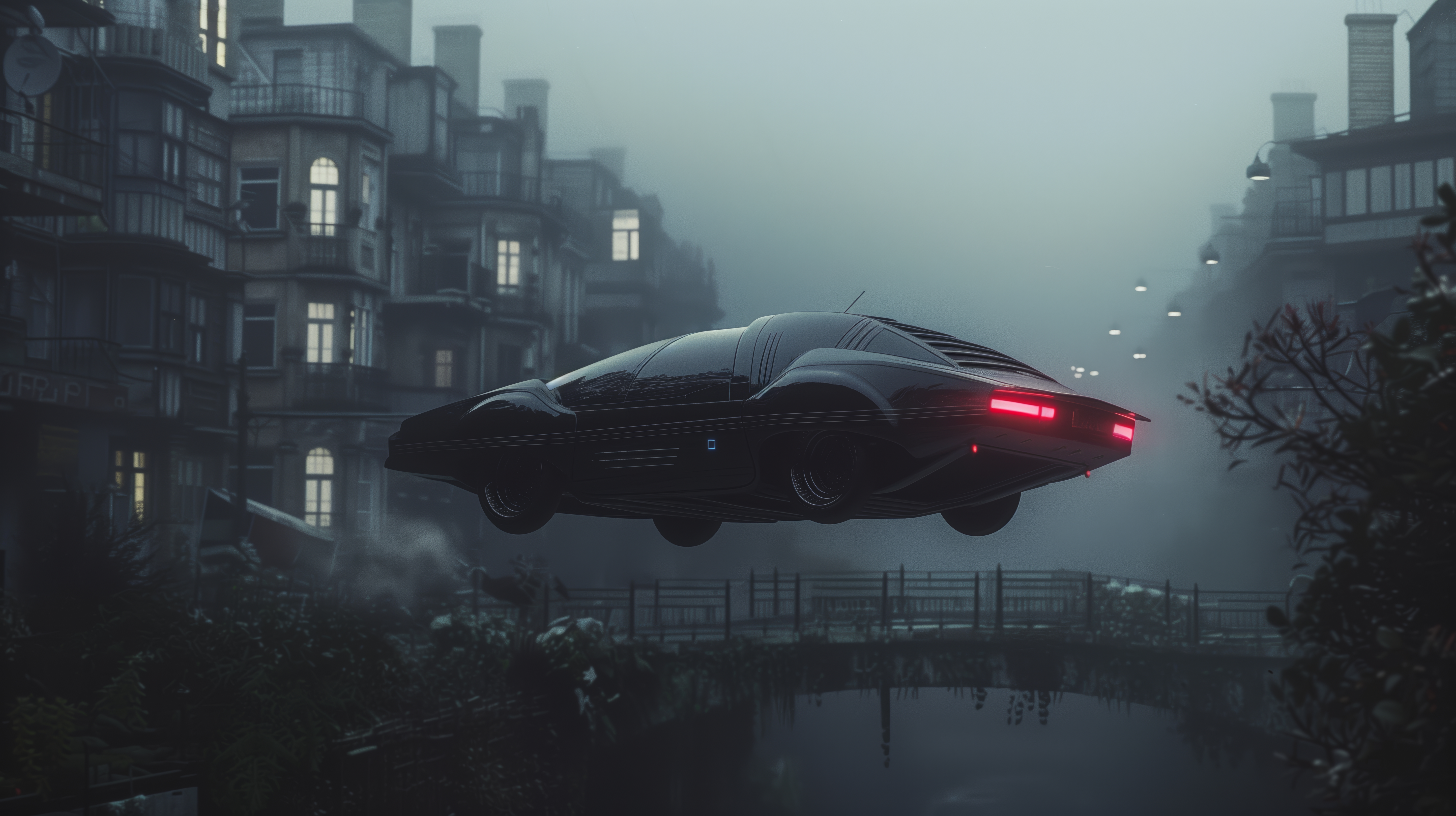 General 5824x3264 AI art illustration flying car fog bridge taillights vehicle futuristic car building