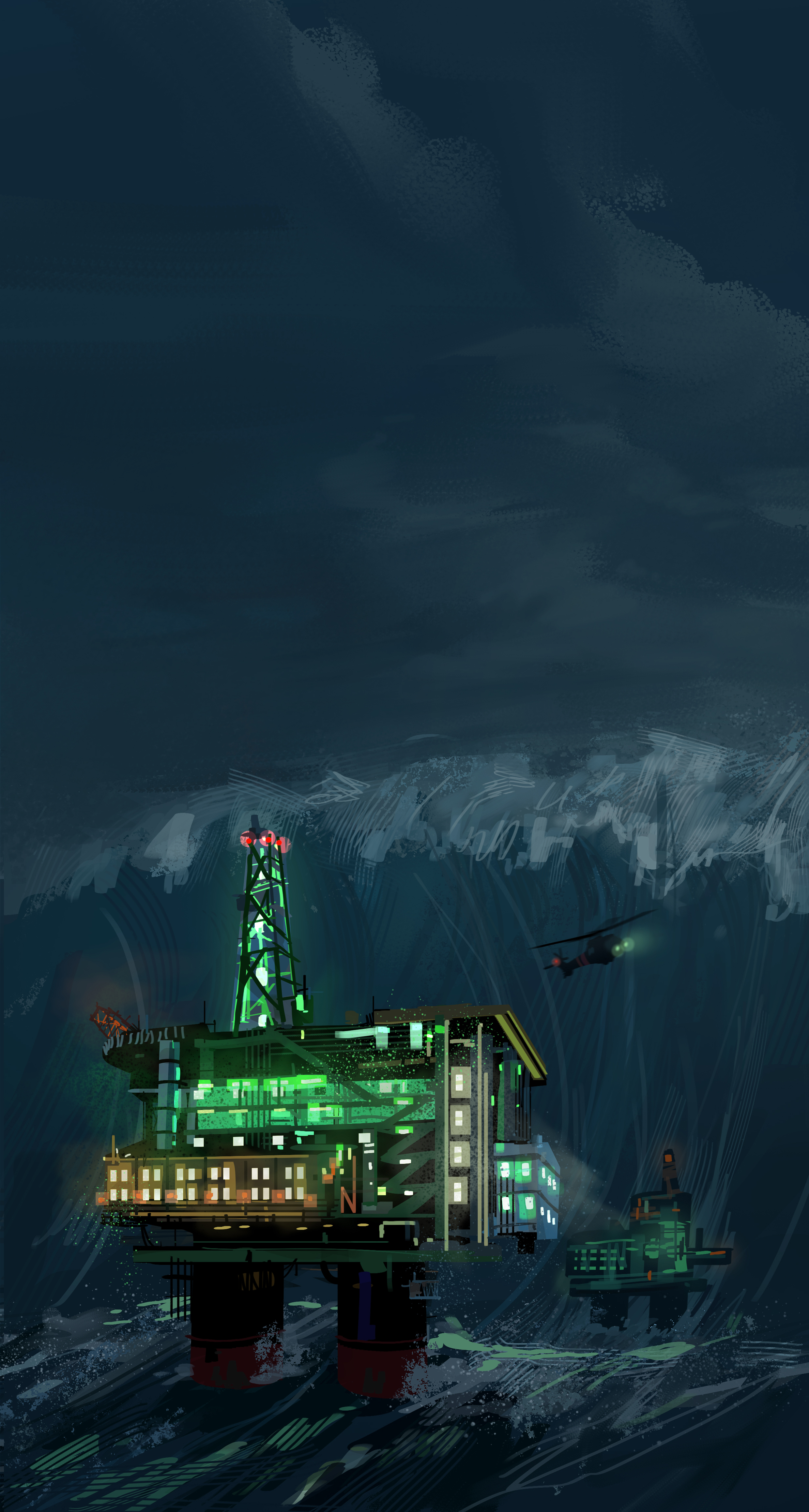 General 2480x4637 digital art illustration waves oil rig Archie Chrisanthou sea tsunami