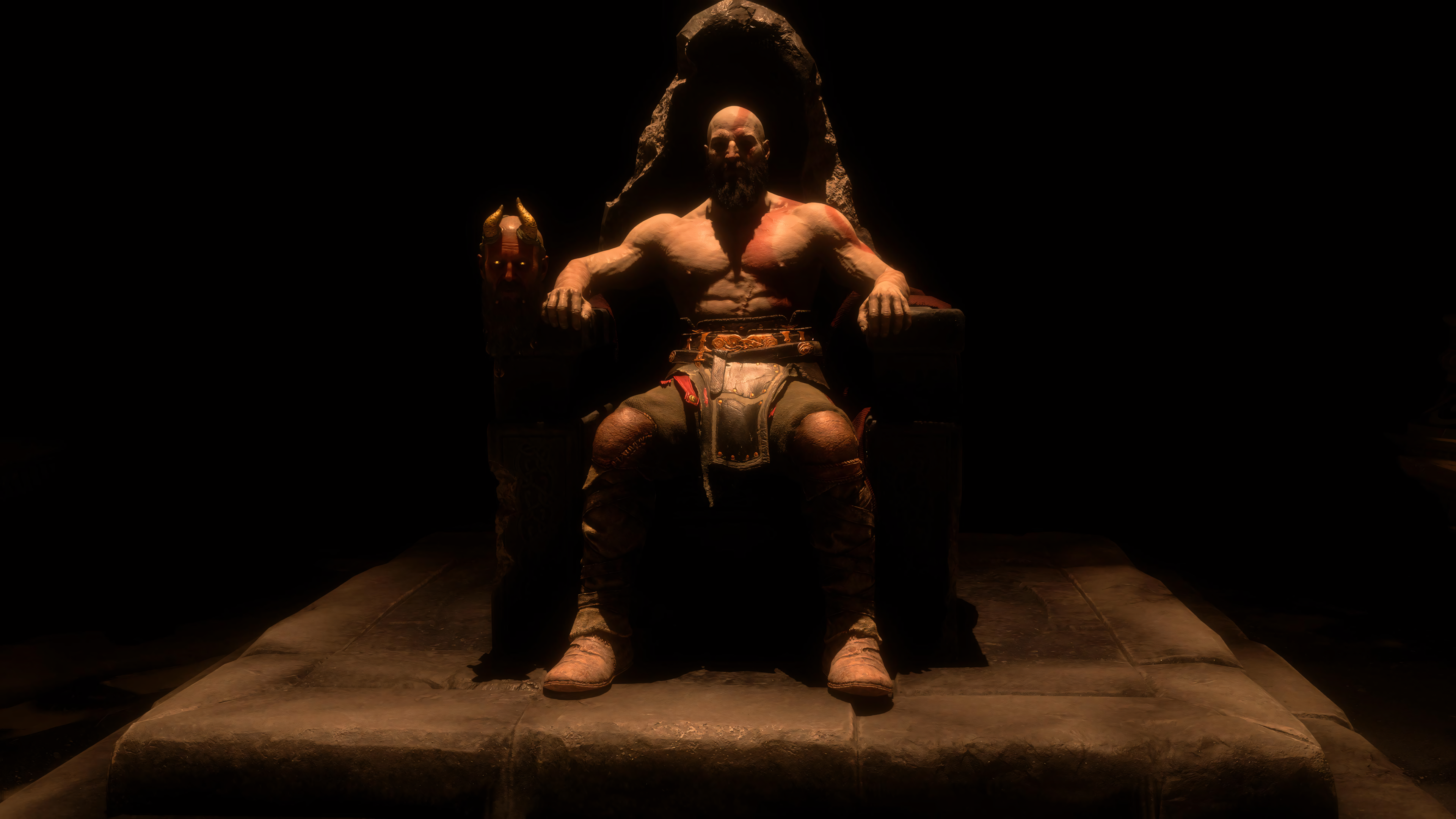 General 3840x2160 God of War God of War Ragnarök PlayStation Kratos throne Mímir dark background video games men shirtless