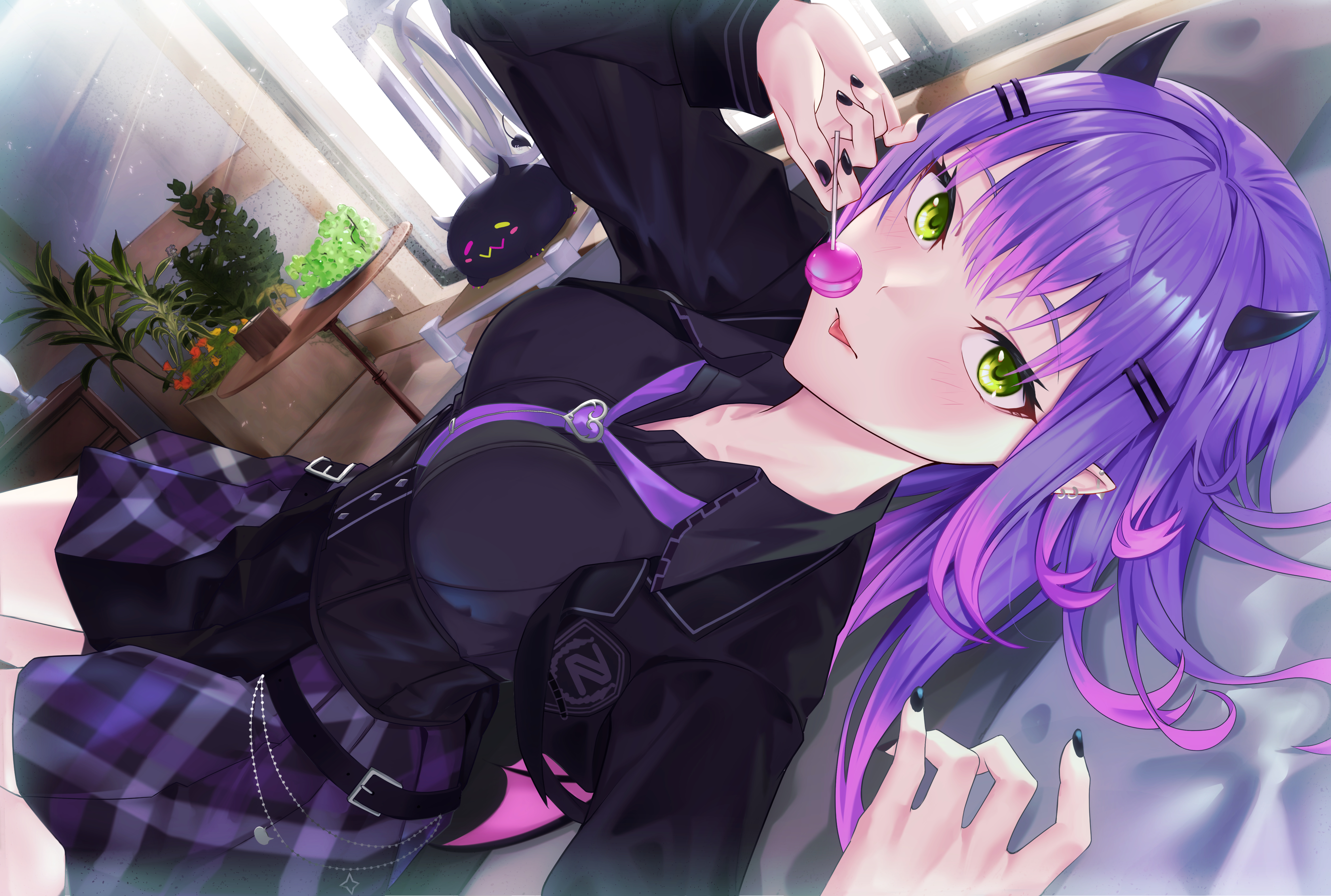 Anime 4693x3161 anime anime girls purple hair lollipop green eyes pointy ears horns painted nails tongue out lying on back