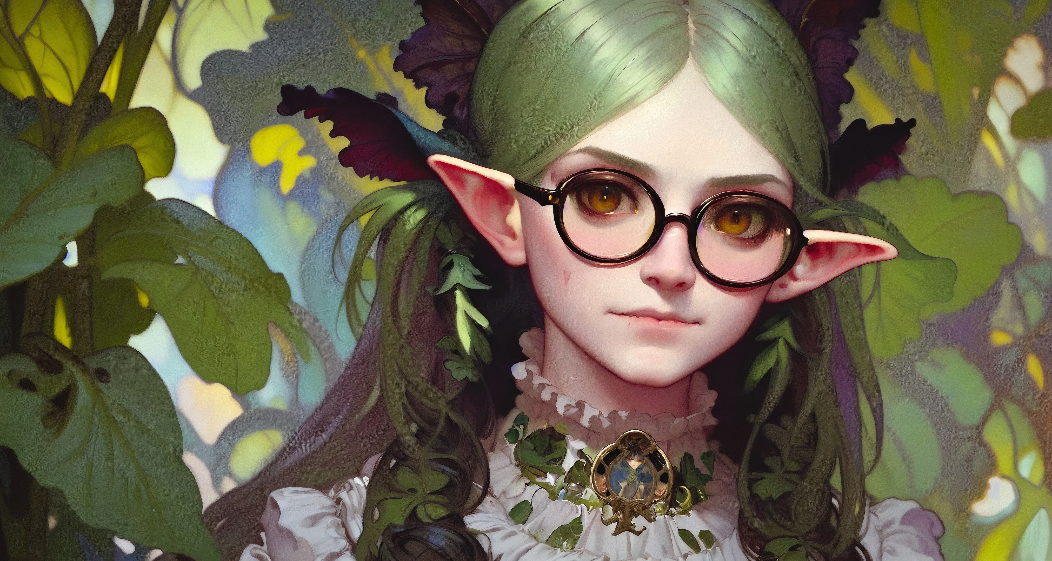 General 4050x2160 AI art women pointy ears green hair yellow eyes glasses frills leaves face Stable Diffusion