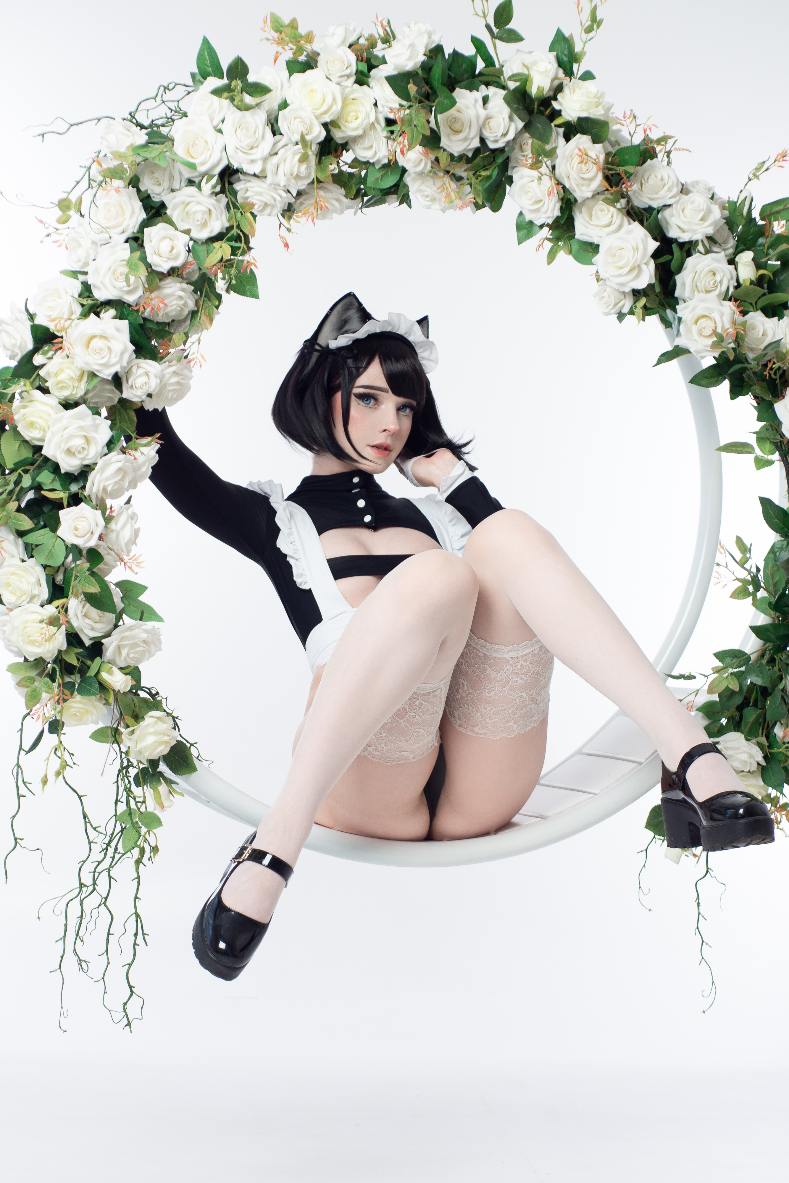 People 2667x4000 Candy Balll women model cosplay maid maid outfit cat girl lingerie stockings white stockings women indoors white background M legs thighs together sitting