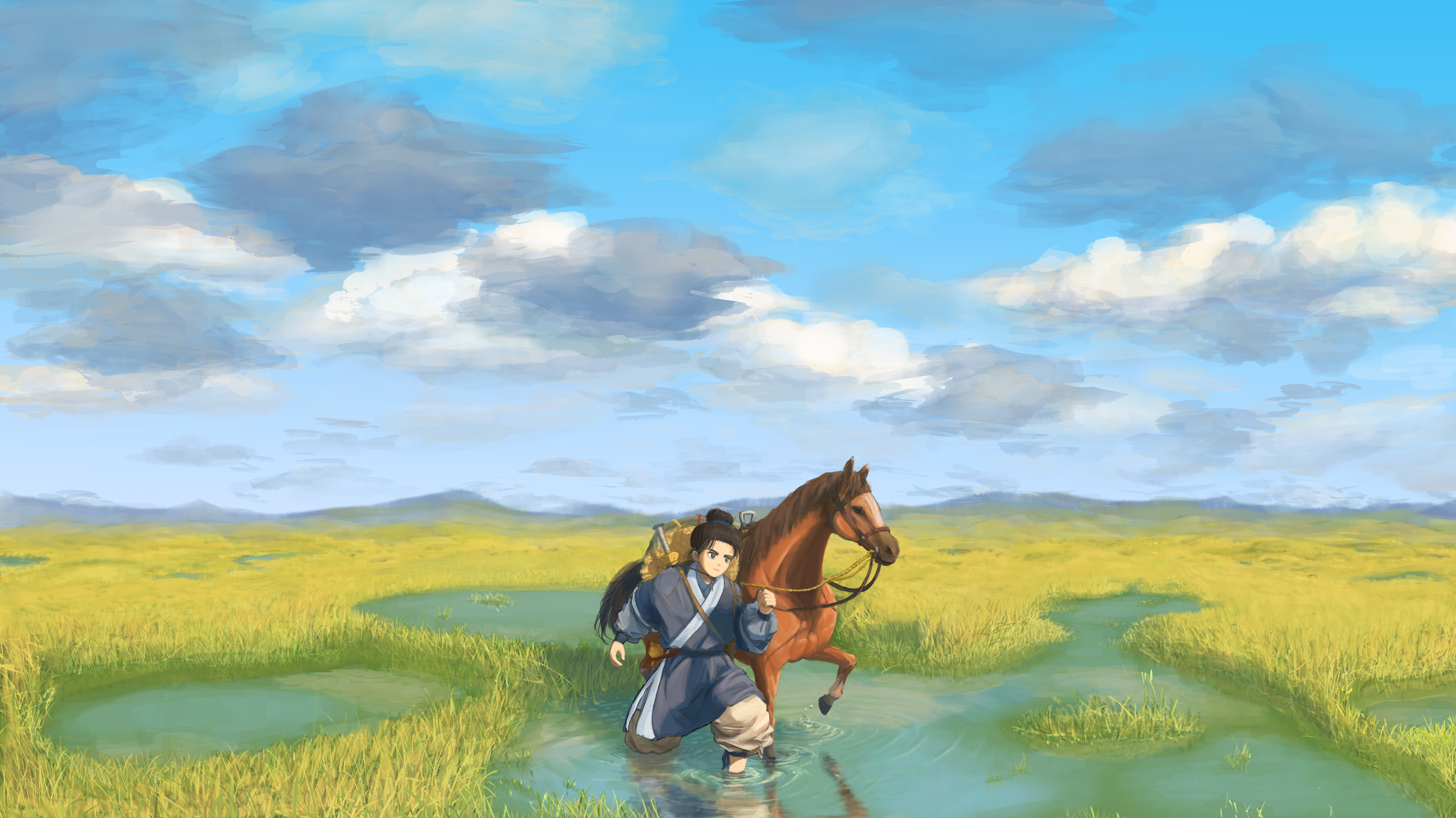 Anime 3841x2159 anime boys horse grass wet sky hiker China anime water clouds animals