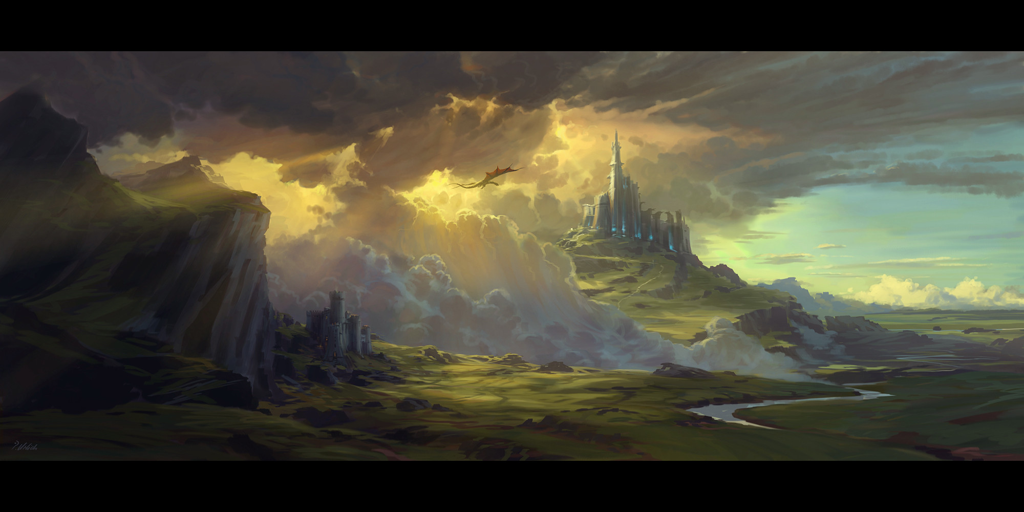General 2000x1000 artwork digital art fantasy art castle dragon nature clouds mountains river