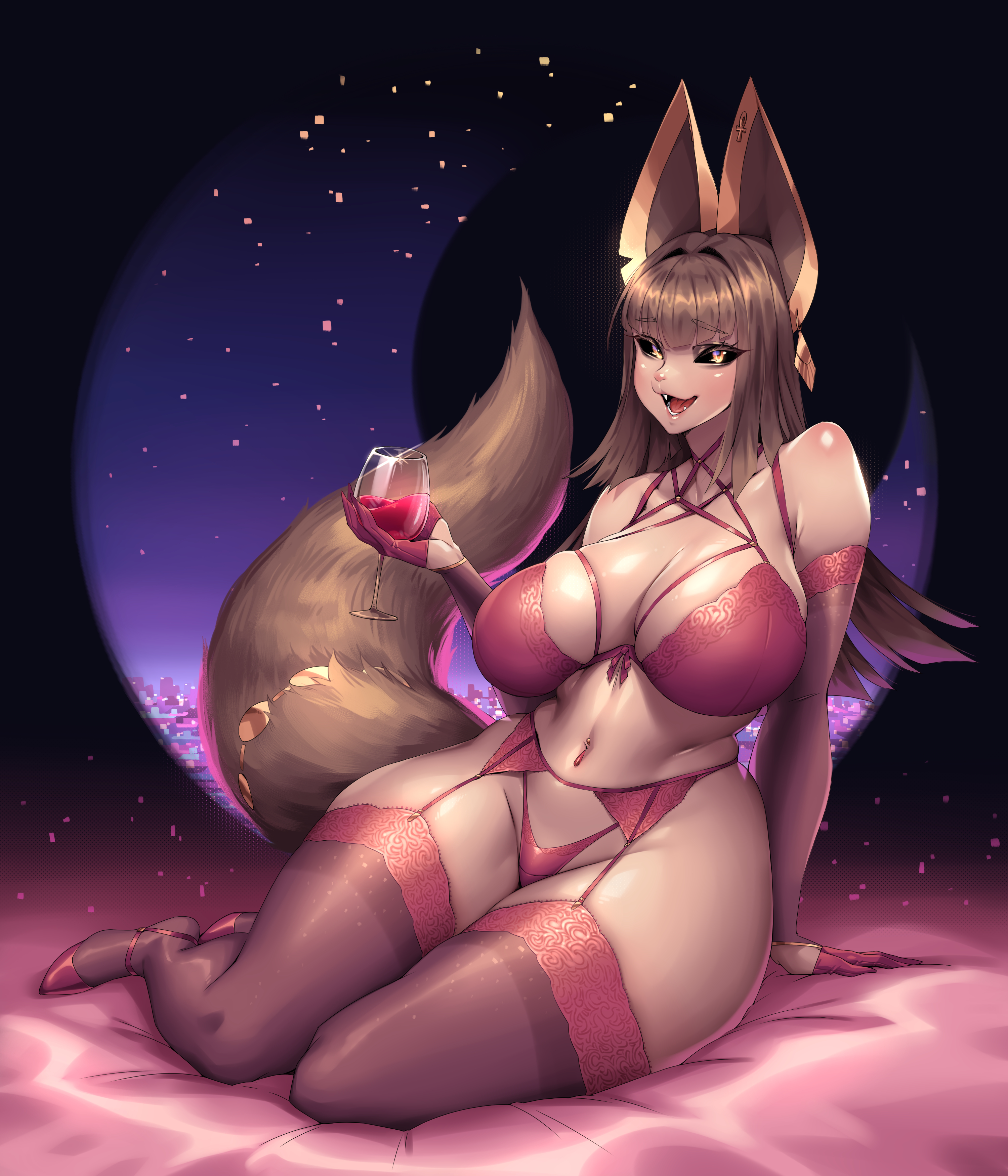 Anime 3000x3500 big boobs curvy anime girls fox girl fox ears fox tail wine lingerie garter belt stockings Yin-ting Tian