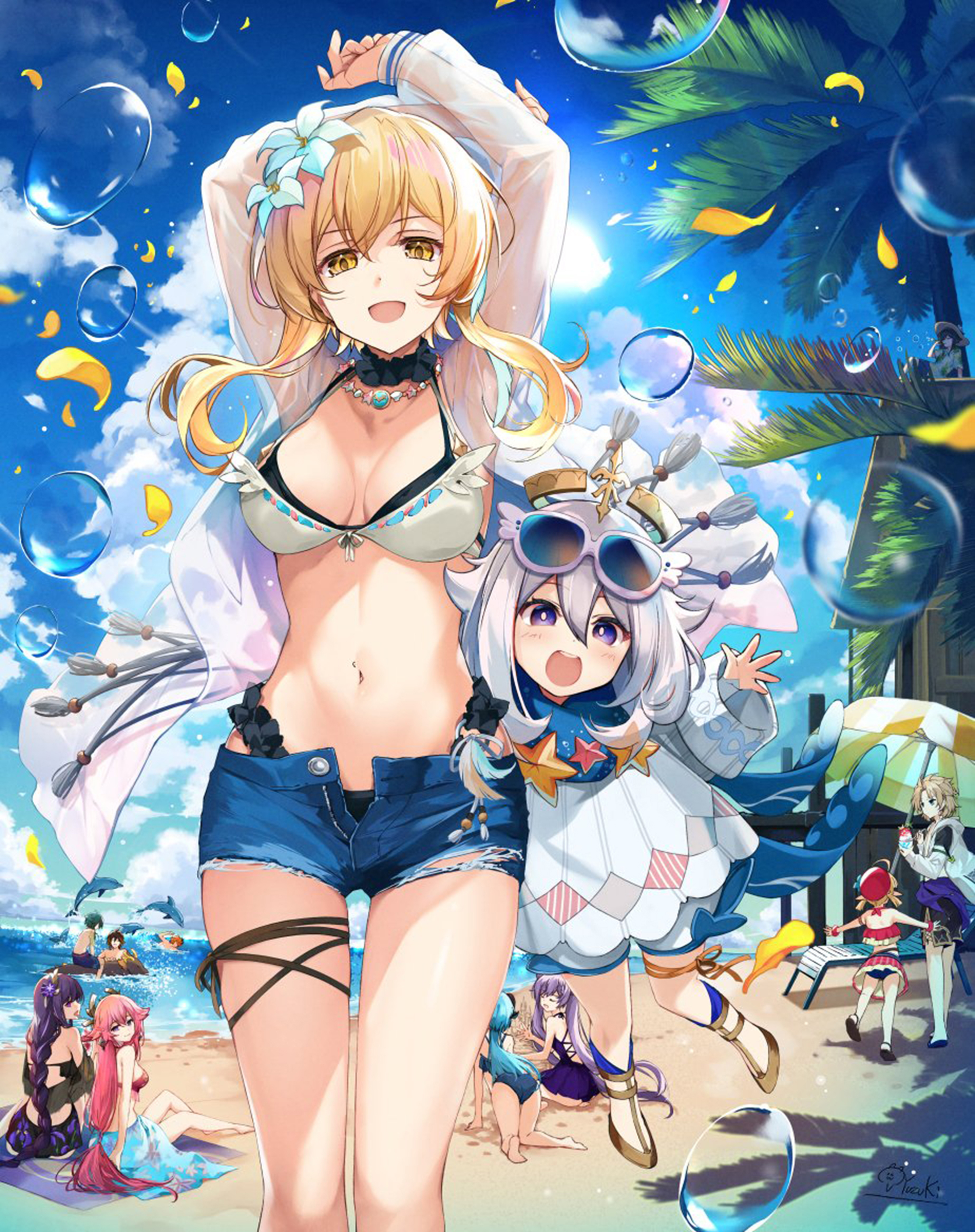 Anime 3049x3851 anime anime girls boobs bikini belly blonde flower in hair arms up yellow eyes unbuttoned jean shorts short shorts beach bubbles Genshin Impact Paimon (Genshin Impact) Lumine (Genshin Impact) Klee (Genshin Impact) Yae Miko (Genshin Impact) Raiden Shogun (Genshin Impact) Keqing (Genshin Impact) petals group of women women outdoors sunbed women on beach parasol palm trees open shorts open mouth cleavage looking at viewer clouds