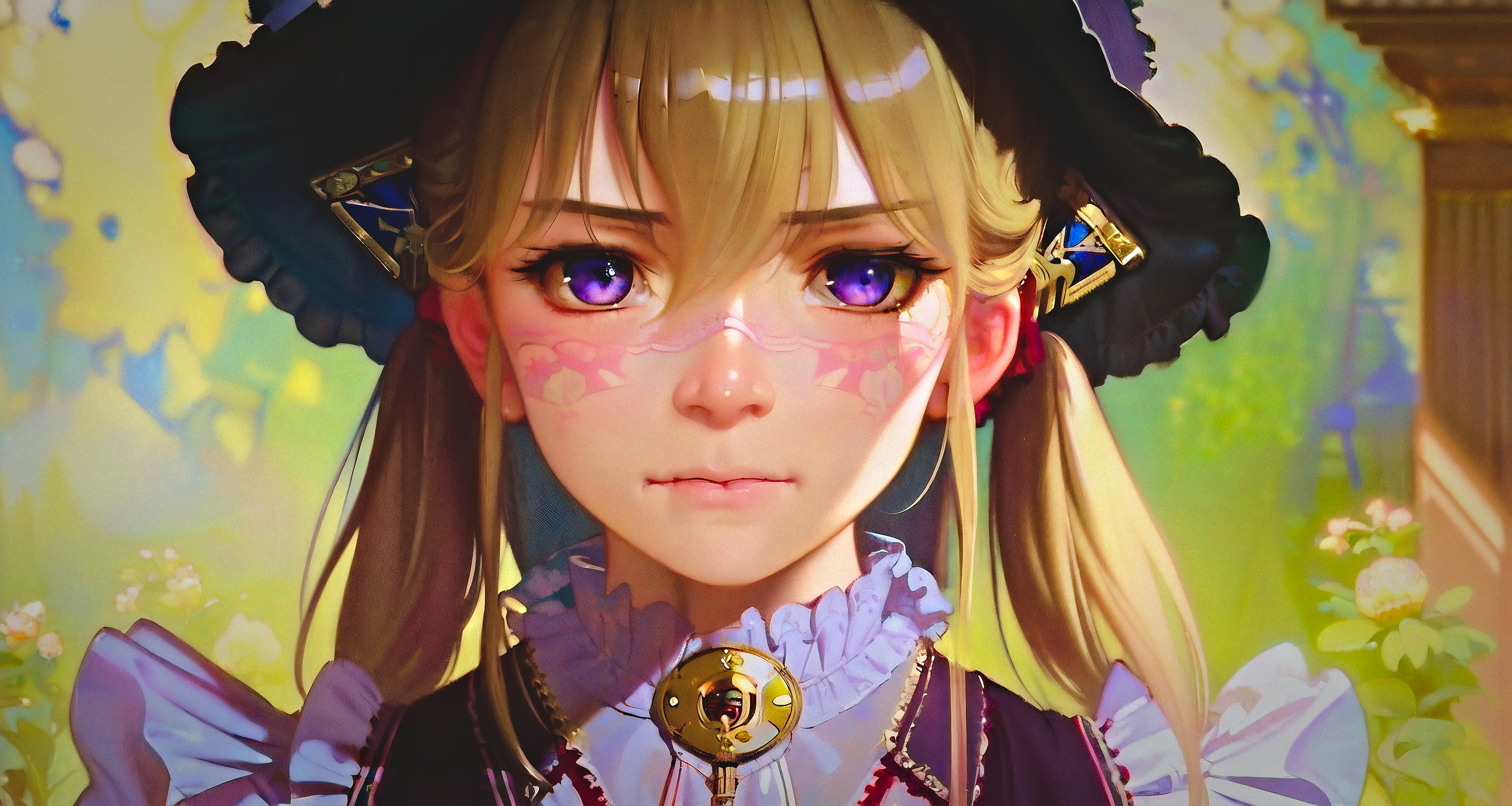 General 4050x2160 women AI art frills looking at viewer purple eyes blonde face fantasy girl fantasy art Stable Diffusion