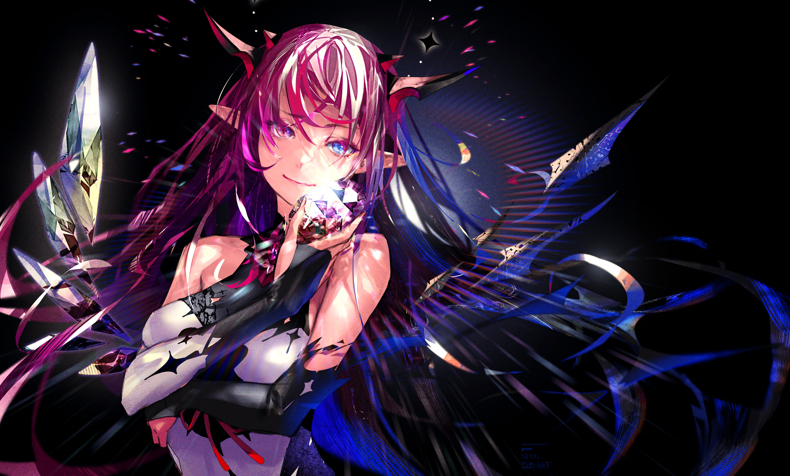 Anime 2587x1559 anime anime girls Hololive Virtual Youtuber IRyS (Hololive) Redjuice heterochromia pointy ears two tone hair smiling