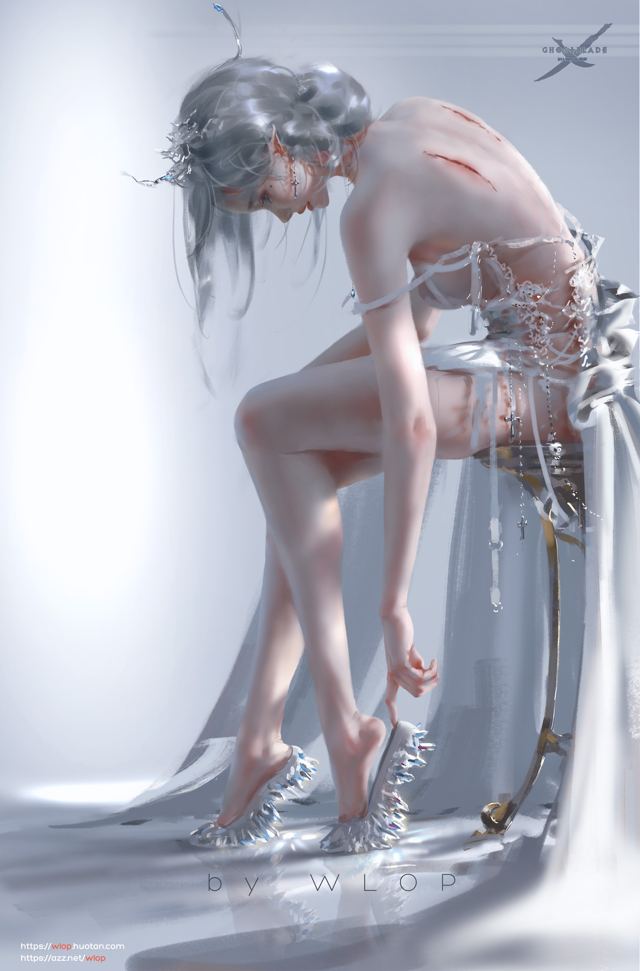 General 1313x1992 scars pointy ears Ghostblade fantasy girl fantasy art bareback dress fallen angel WLOP