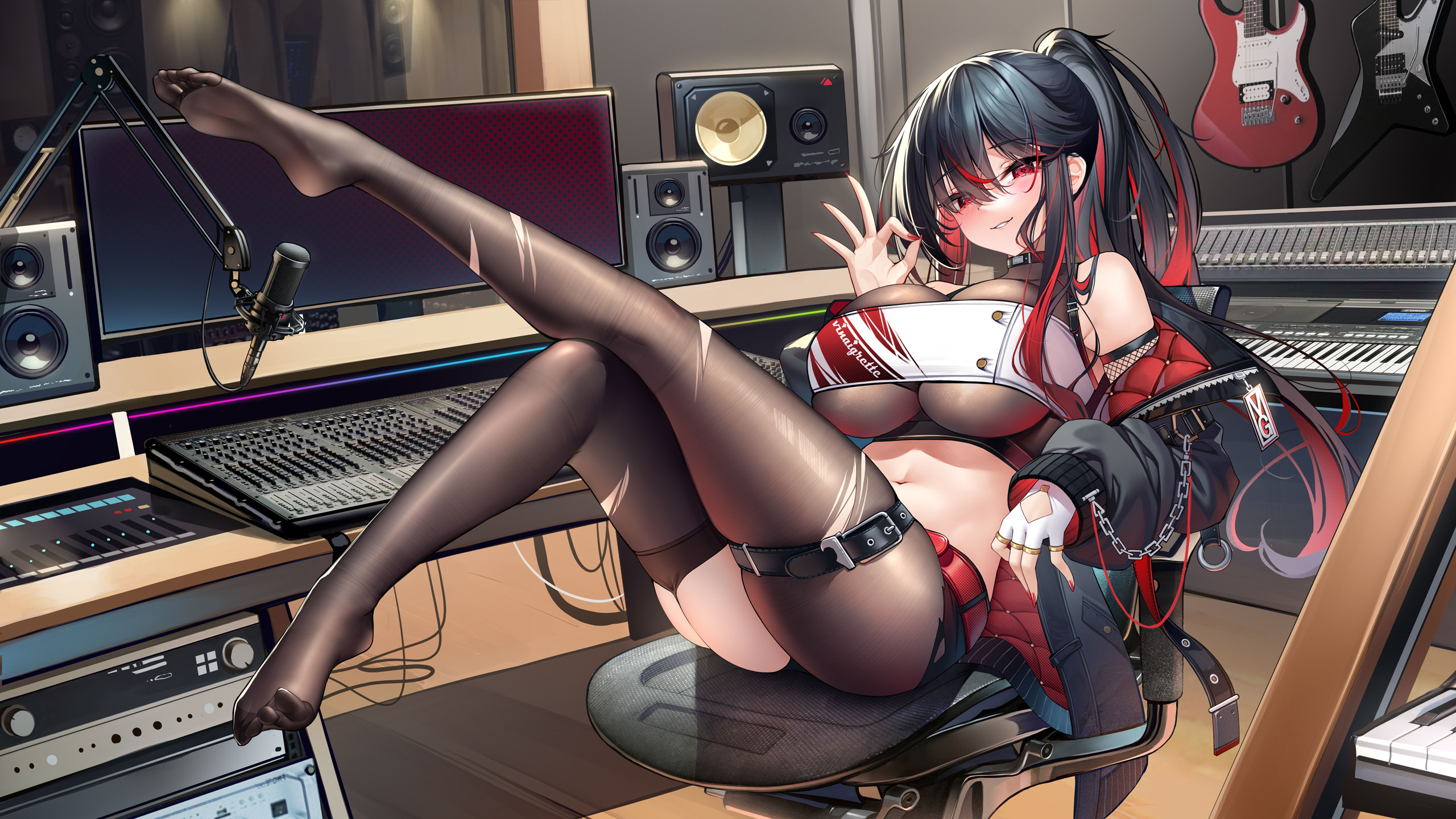 Anime 2560x1440 MeloN anime girls red eyes torn clothes pantyhose big boobs guitar musical instrument feet OK sign stockings studios pressed boobs black hair fingerless gloves gloves missing glove