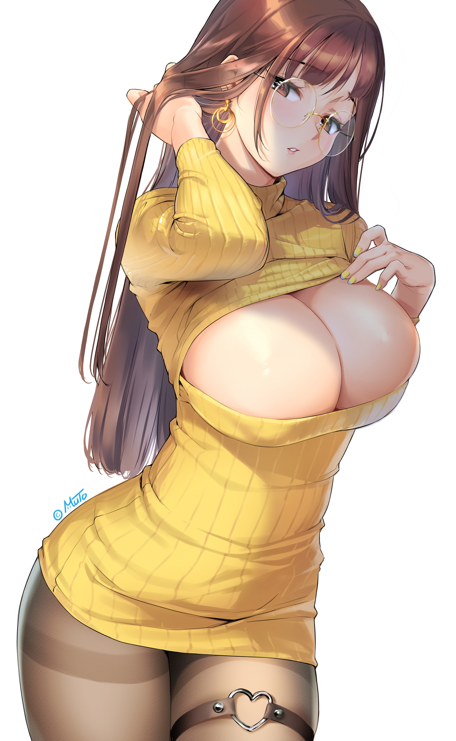 Anime 1600x2599 anime anime girls cleavage big boobs brunette glasses brown eyes earring pantyhose cleavage cutout sweater long hair Muto artwork yellow sweater