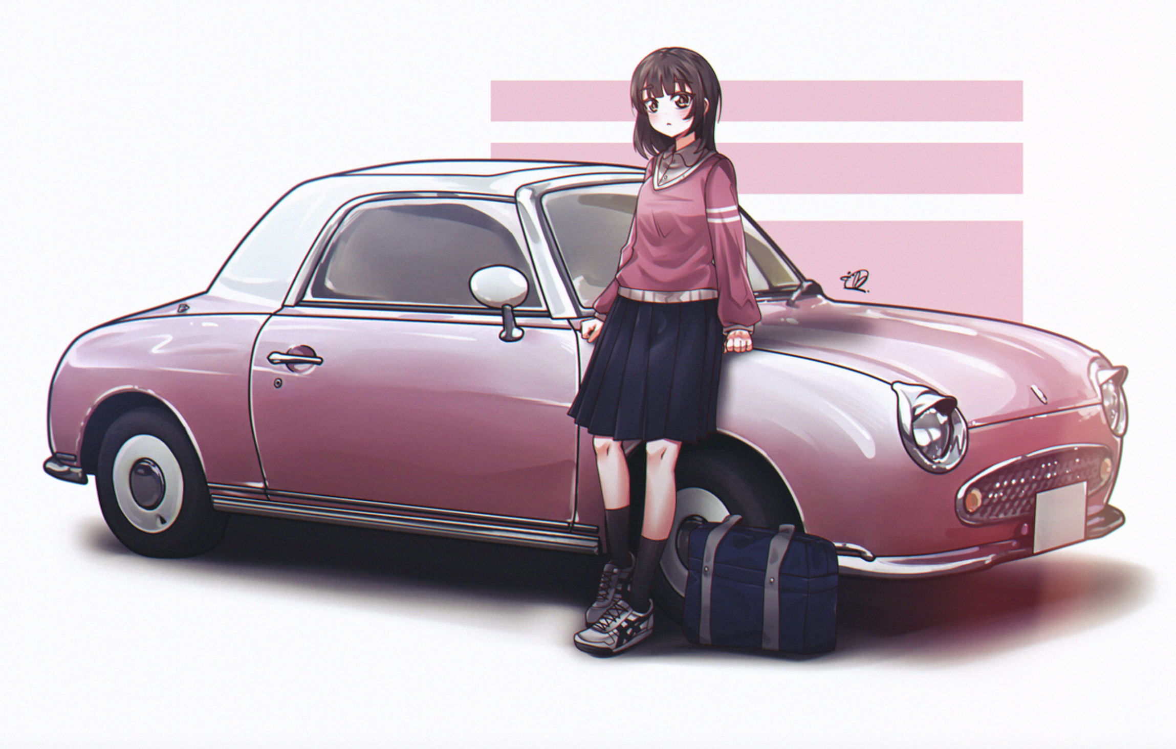 Anime 2298x1464 illustration traditional art fan art vehicle automobile schoolgirl school uniform anime girls Nissan Figaro Pixiv car