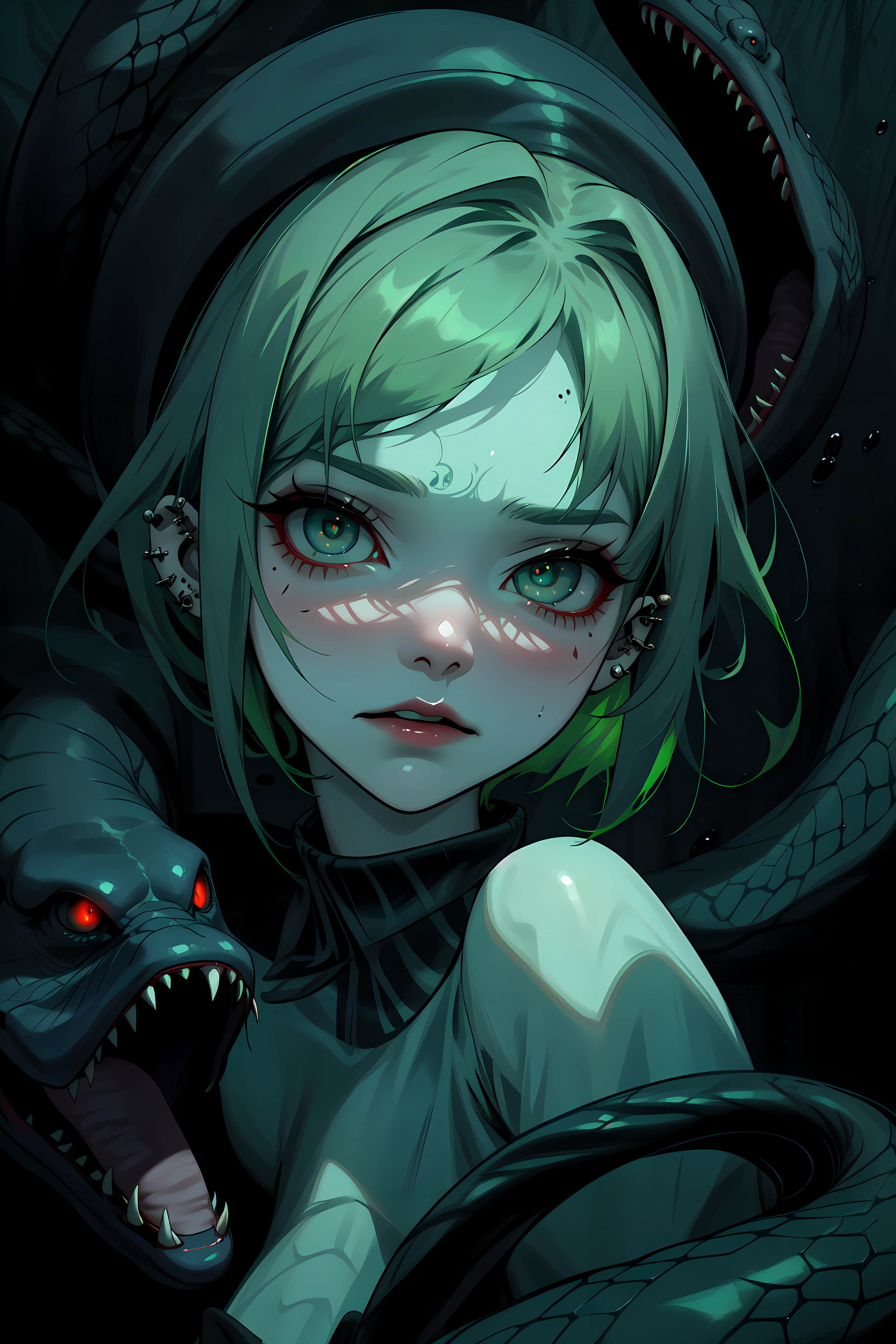 Anime 2304x3456 AI art anime fantasy art concept art black hoodie monster girl horror horror anime