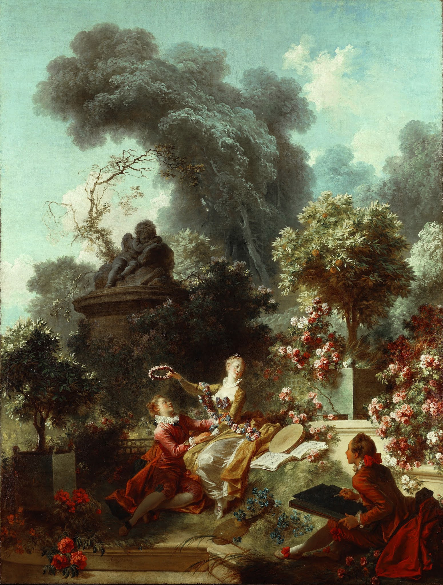 General 1550x2048 classic art painting Jean-Honoré Fragonard trees flowers park statue