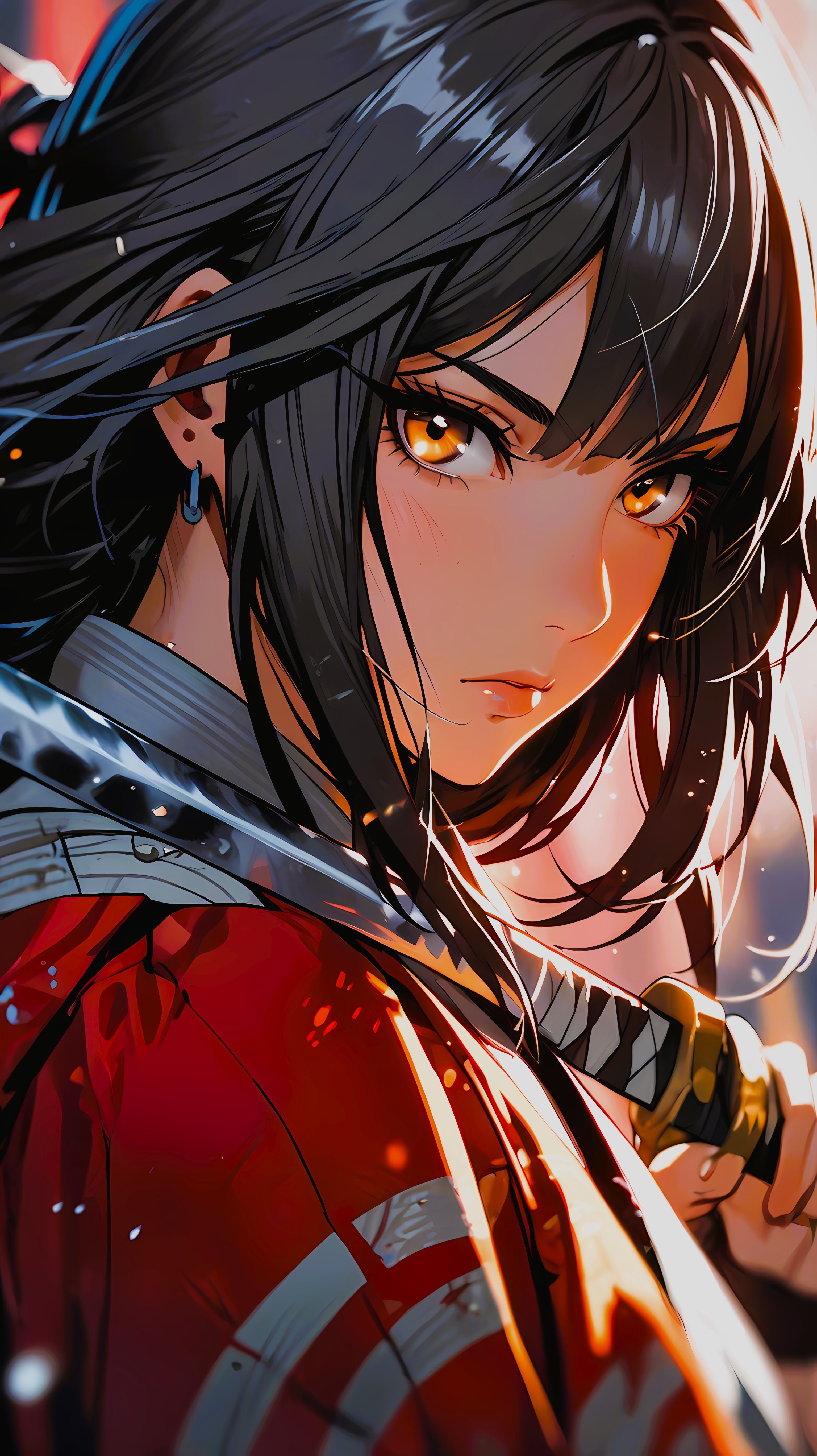 Anime 3072x5472 anime girls samurai AI art Japanese Garden katana eyes girl in armor