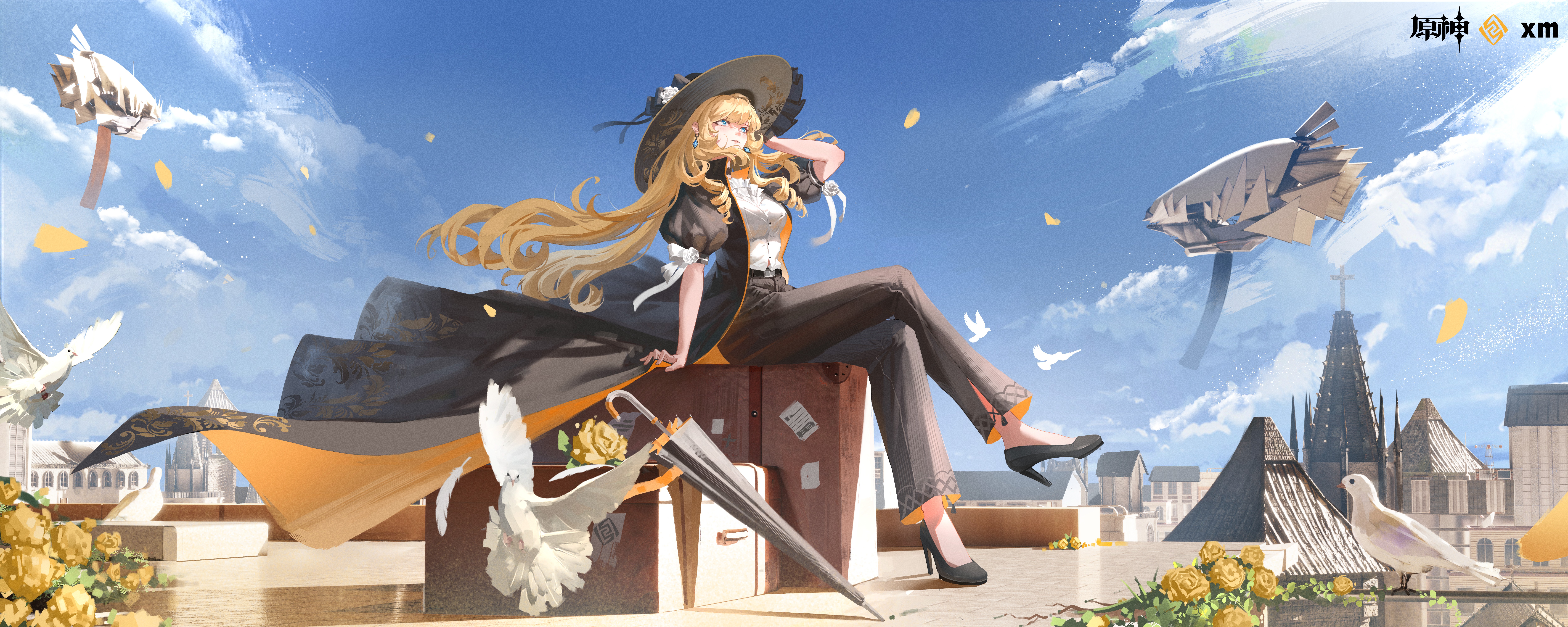 Anime 10000x4000 anime anime girls umbrella flowers suitcase long coat blonde blue eyes diamond earrings dove sitting original characters hair blowing in the wind sky clouds heels high heels legs crossed bent legs women outdoors ultrawide wide screen Navia (Genshin Impact) Genshin Impact earring looking away one arm up birds building hat