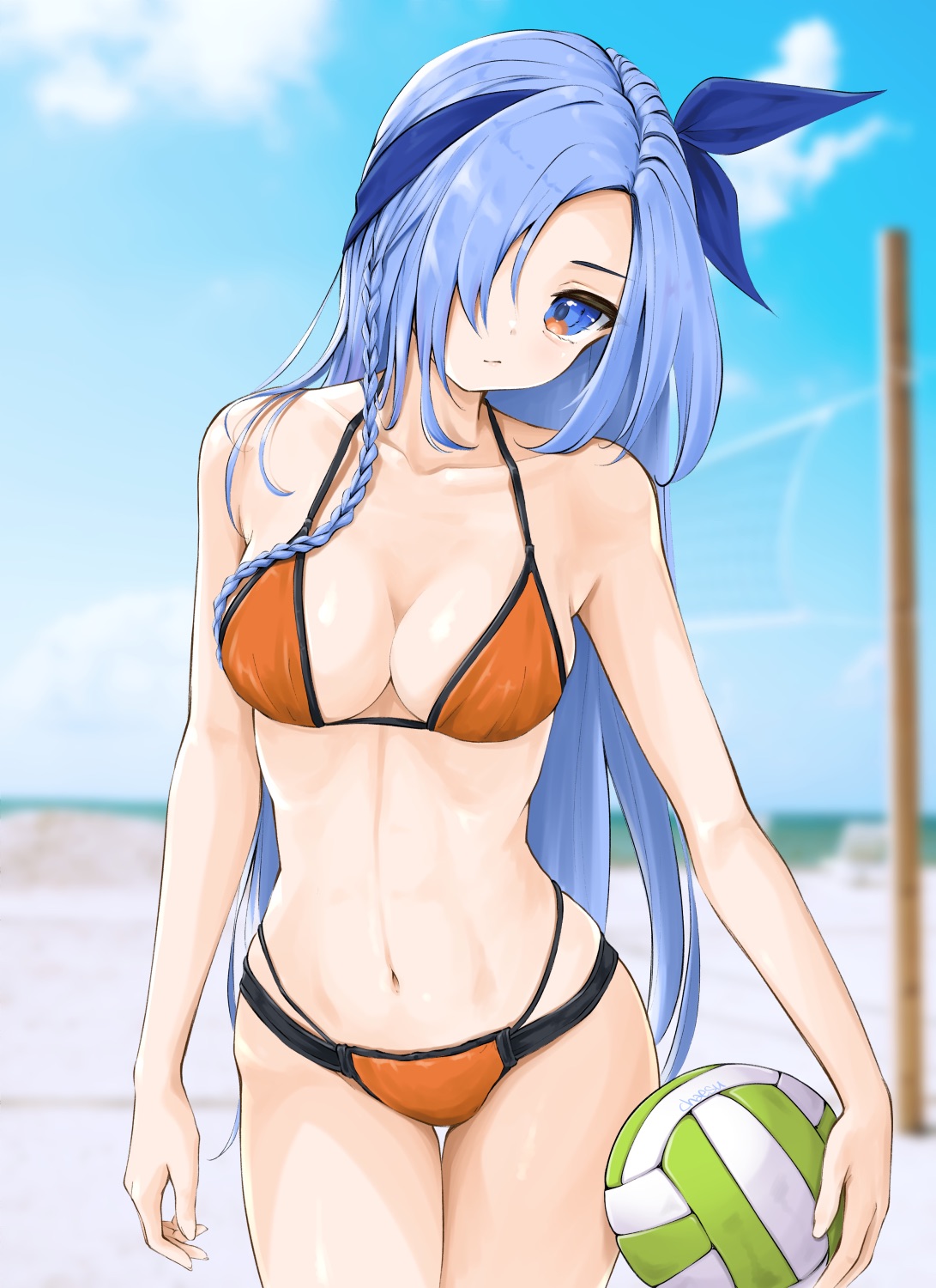 Looking At Viewer Belly Belly Button Blue Hair Blue Eyes Chaesu Long Hair Cleavage Anime 4243