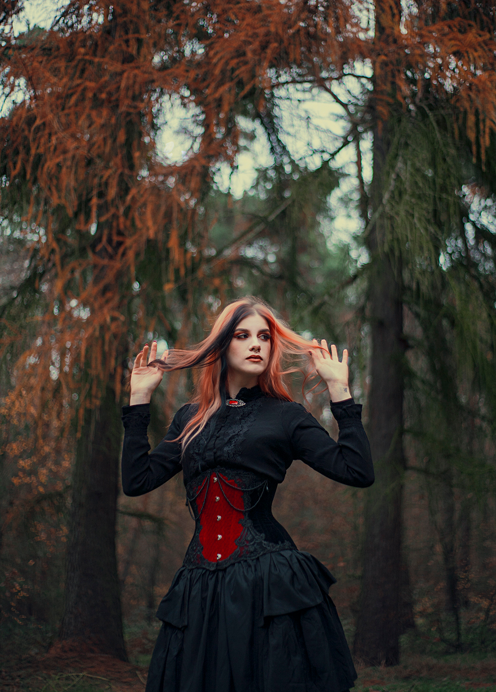 People 1000x1395 women model redhead dyed hair women outdoors trees goths black dress