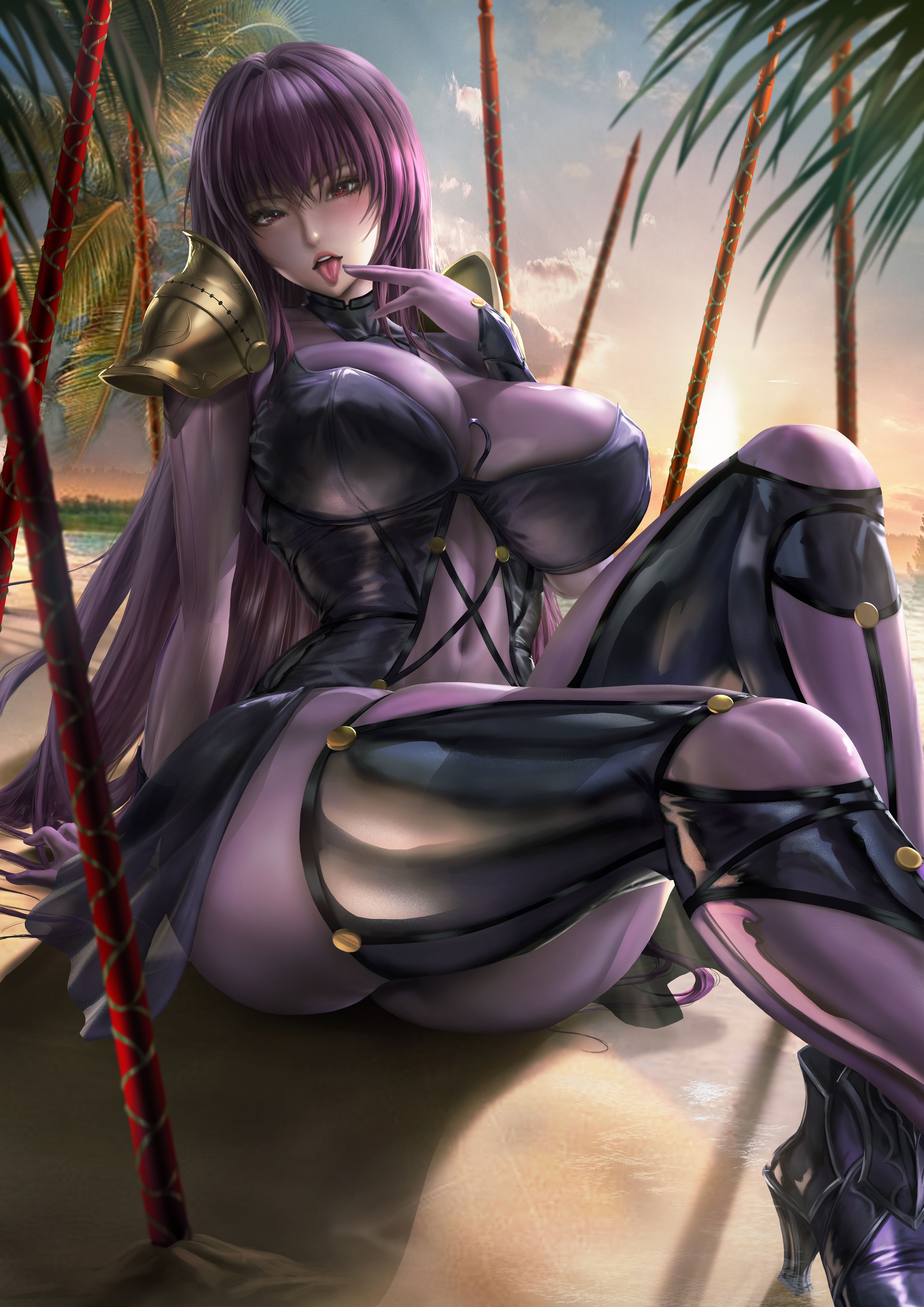 Anime 5303x7500 Scathach Fate/Grand Order anime anime girls purple hair curvy thick thigh tight clothing see-through clothing tongue out 2D artwork drawing fan art Lexaiduer huge breasts