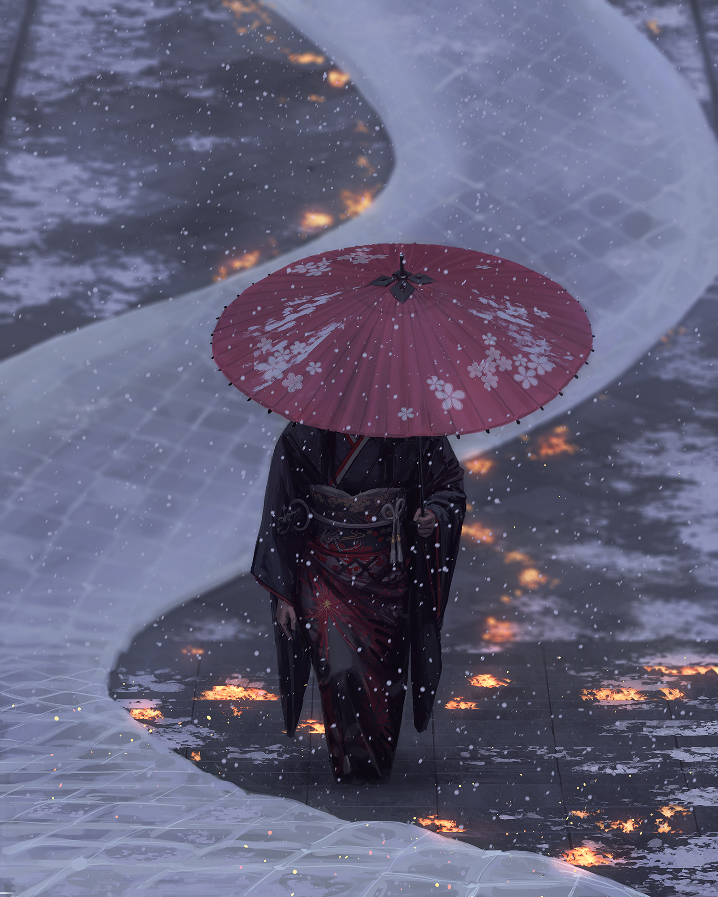 General 1441x1800 GUWEIZ digital art artwork digital painting snow umbrella birds kimono Japanese clothes