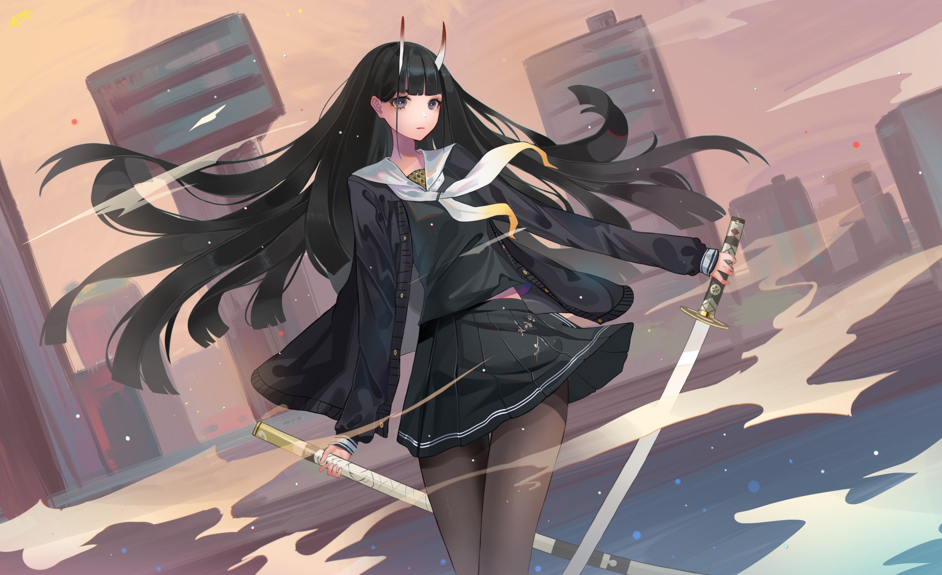 Anime 1920x1173 Azur Lane anime girls anime sword weapon women with swords black hair long hair skirt horns Noshiro (Azur Lane)