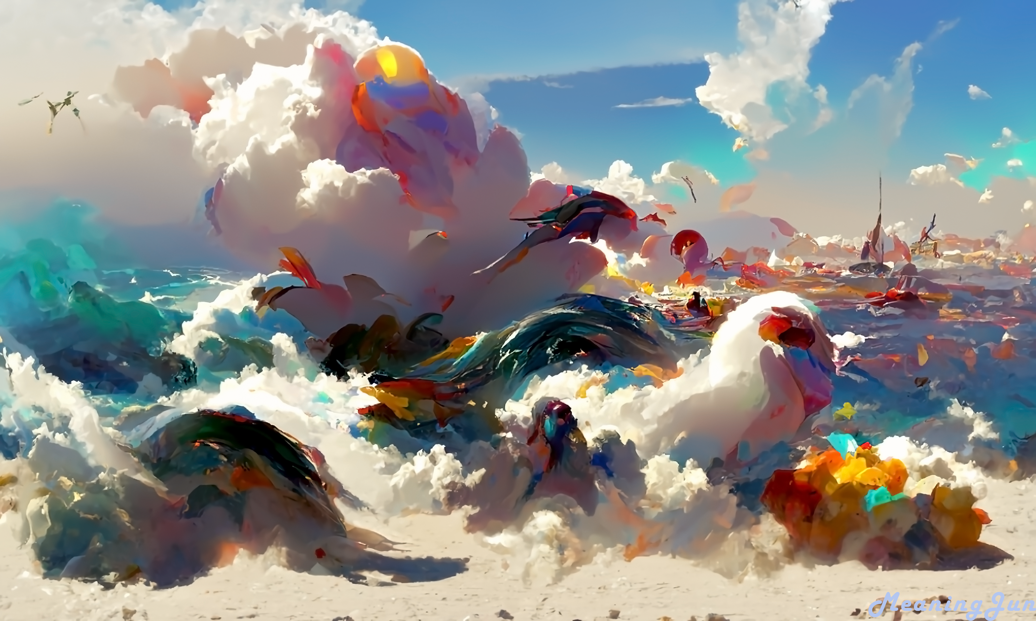 Anime 3600x2160 AI art digital art ocean view seagulls colorful