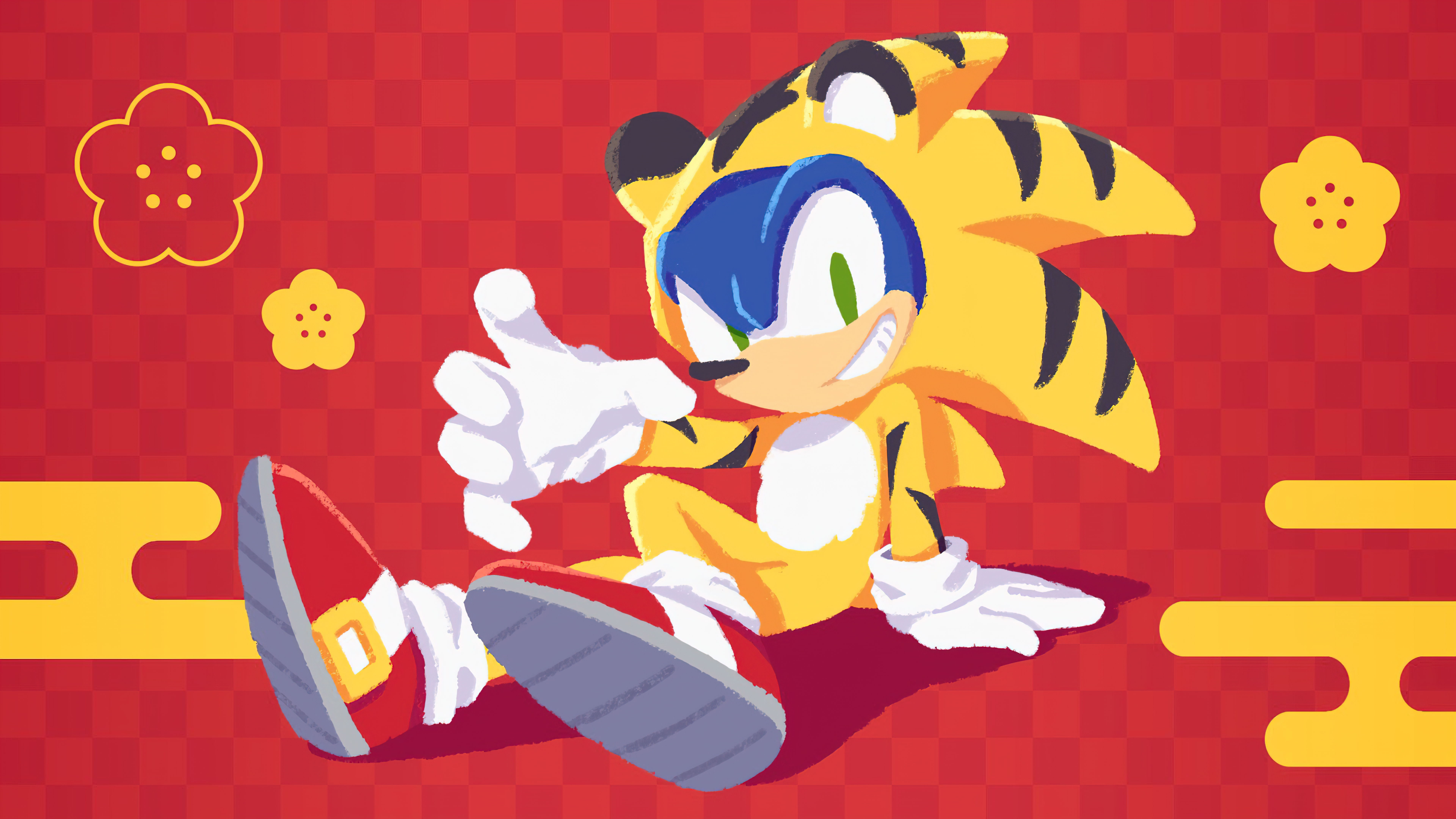 General 7680x4320 comic art Sonic Sonic the Hedgehog tiger Spring Festival Sega PC gaming video game art red red background holiday New Year Yui Karasuno artwork video games