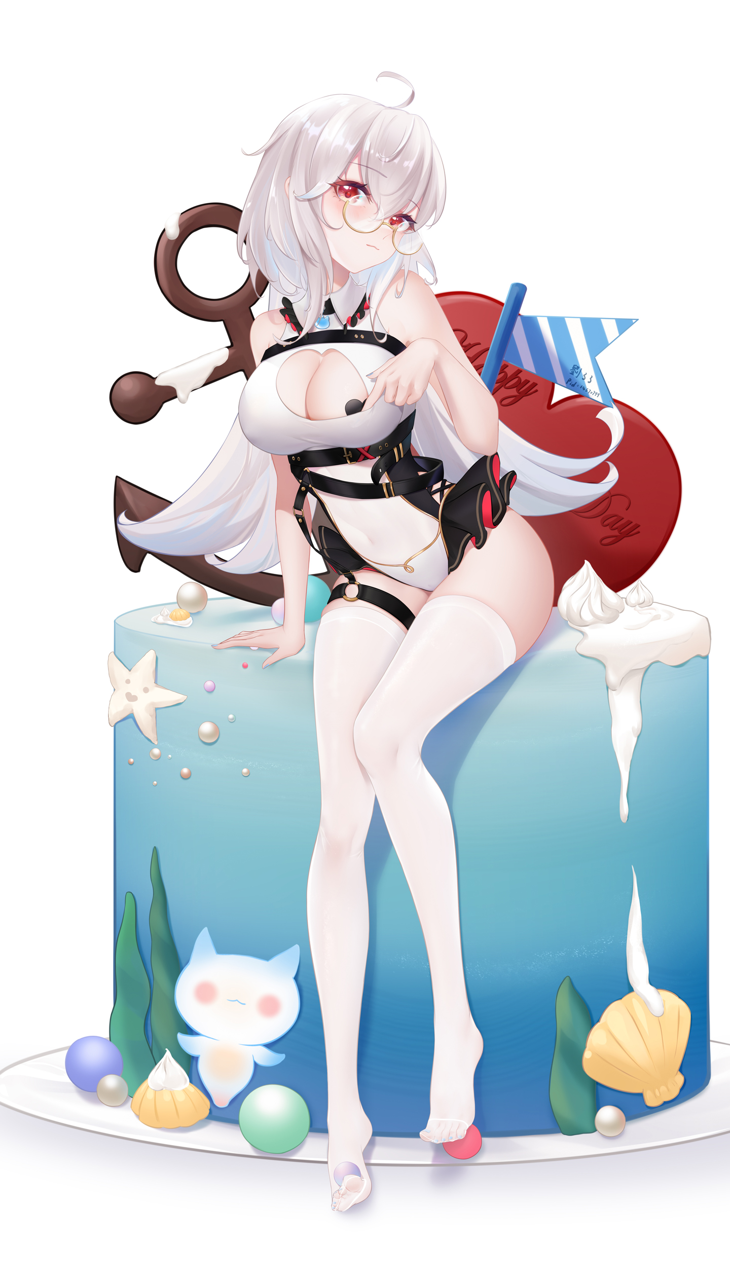 Anime 1440x2519 anime anime girls cleavage white hair stockings nipple pasties glasses