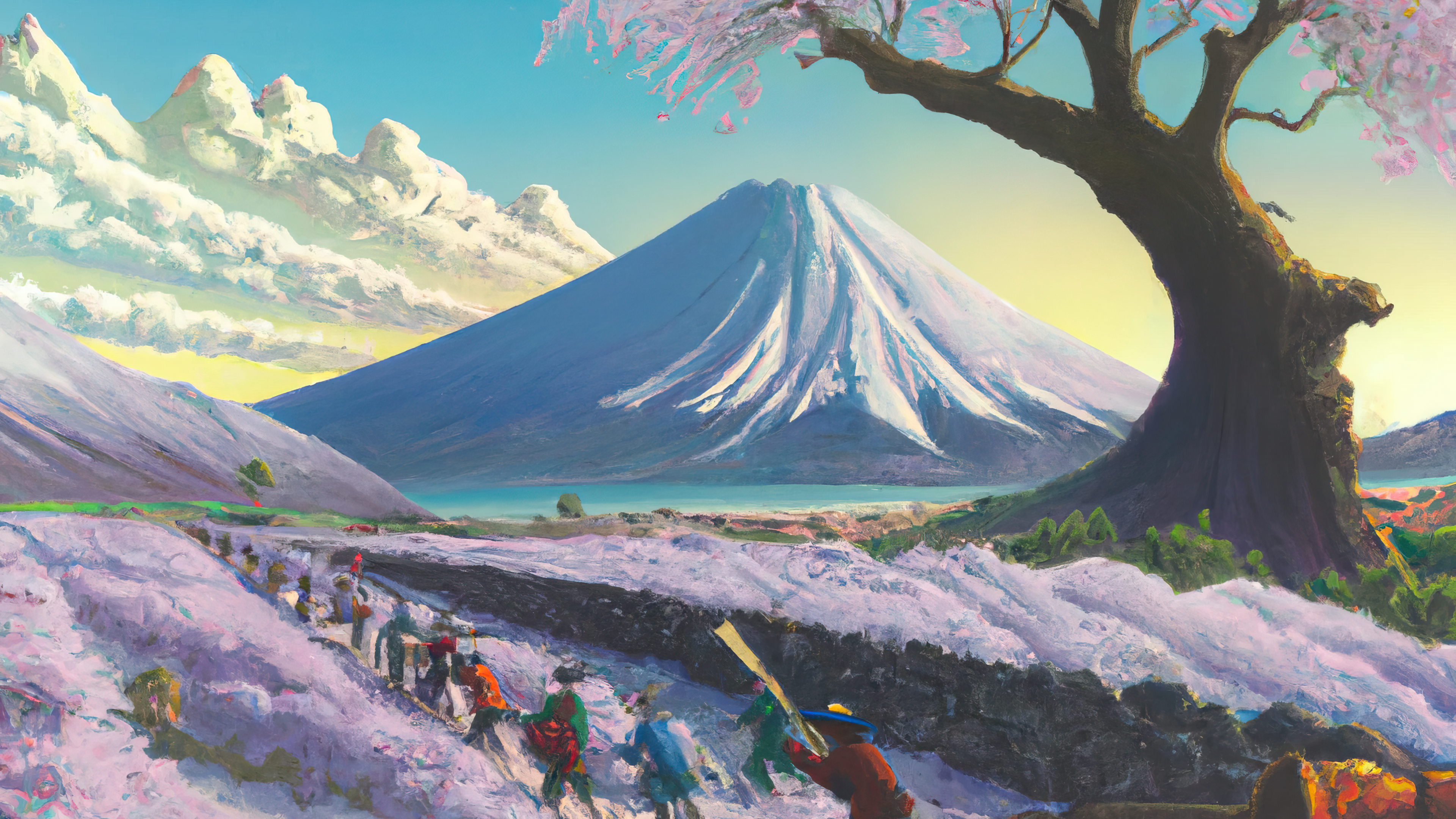 General 3840x2160 painting Japan artwork digital art mountains trees AI art cherry blossom landscape clouds Mount Fuji sky