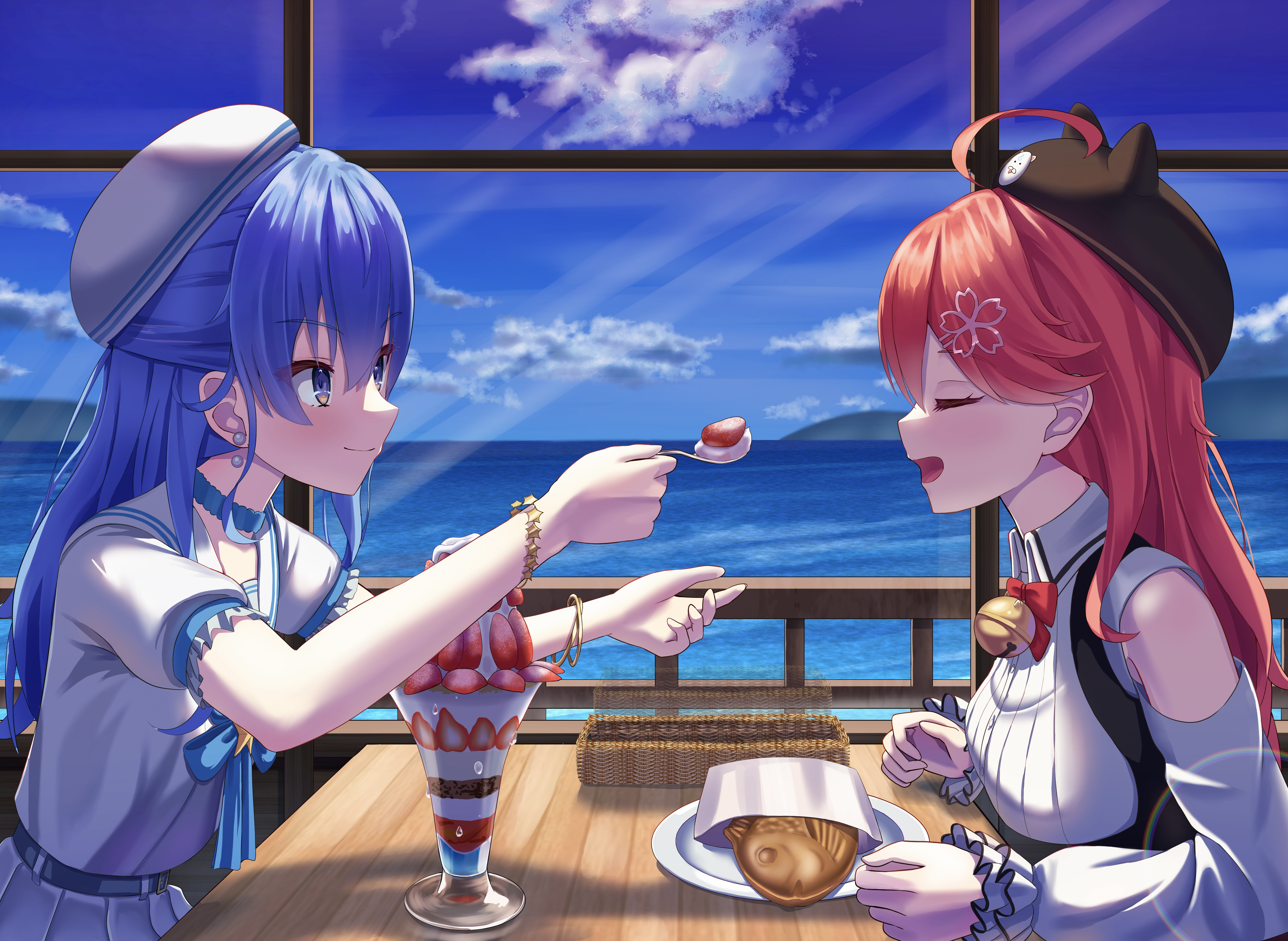 Anime 4921x3596 anime anime girls Hololive Virtual Youtuber Sakura Miko long hair blue hair pink hair two women artwork digital art fan art strawberries clouds water Hoshimachi Suisei sky spoon wood table ice cream hat closed eyes open mouth window bracelets smiling closed mouth bare shoulders bells earring fruit plates