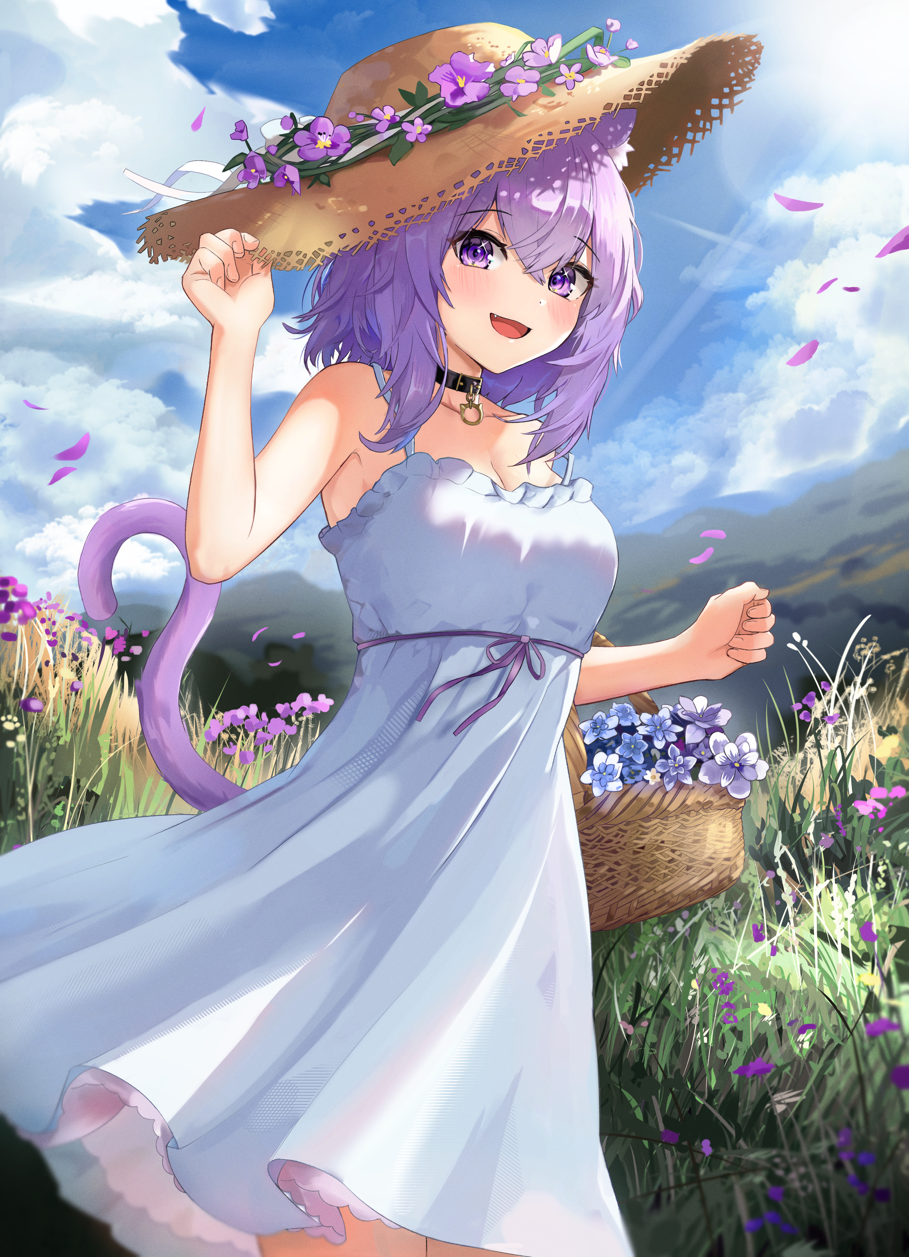 Anime 3000x4148 cat girl Hololive Nekomata Okayu straw hat hat cat ears cat tail purple hair purple eyes petals flowers anime girls