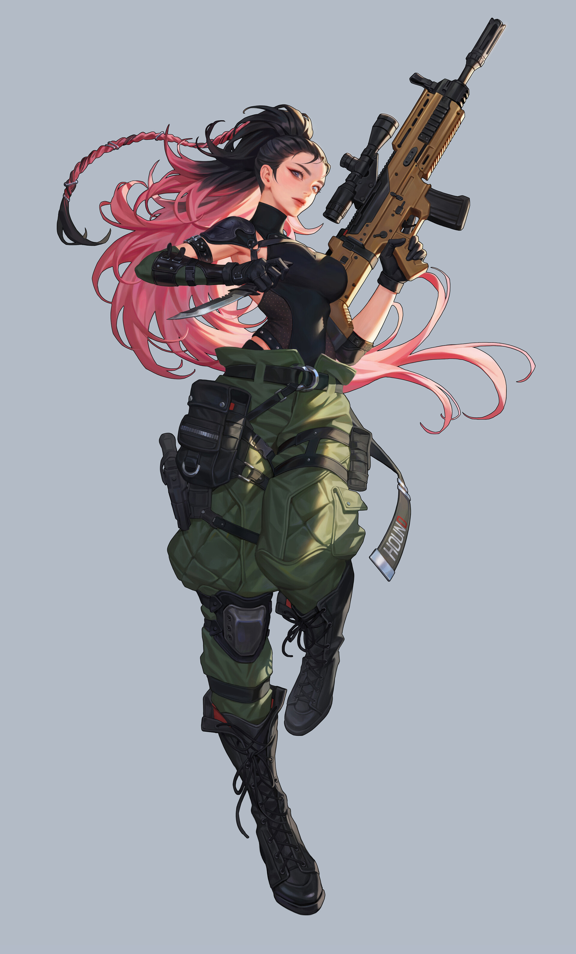 General 1920x3178 women artwork machine gun weapon long hair multi-colored hair simple background knife girls with guns gun