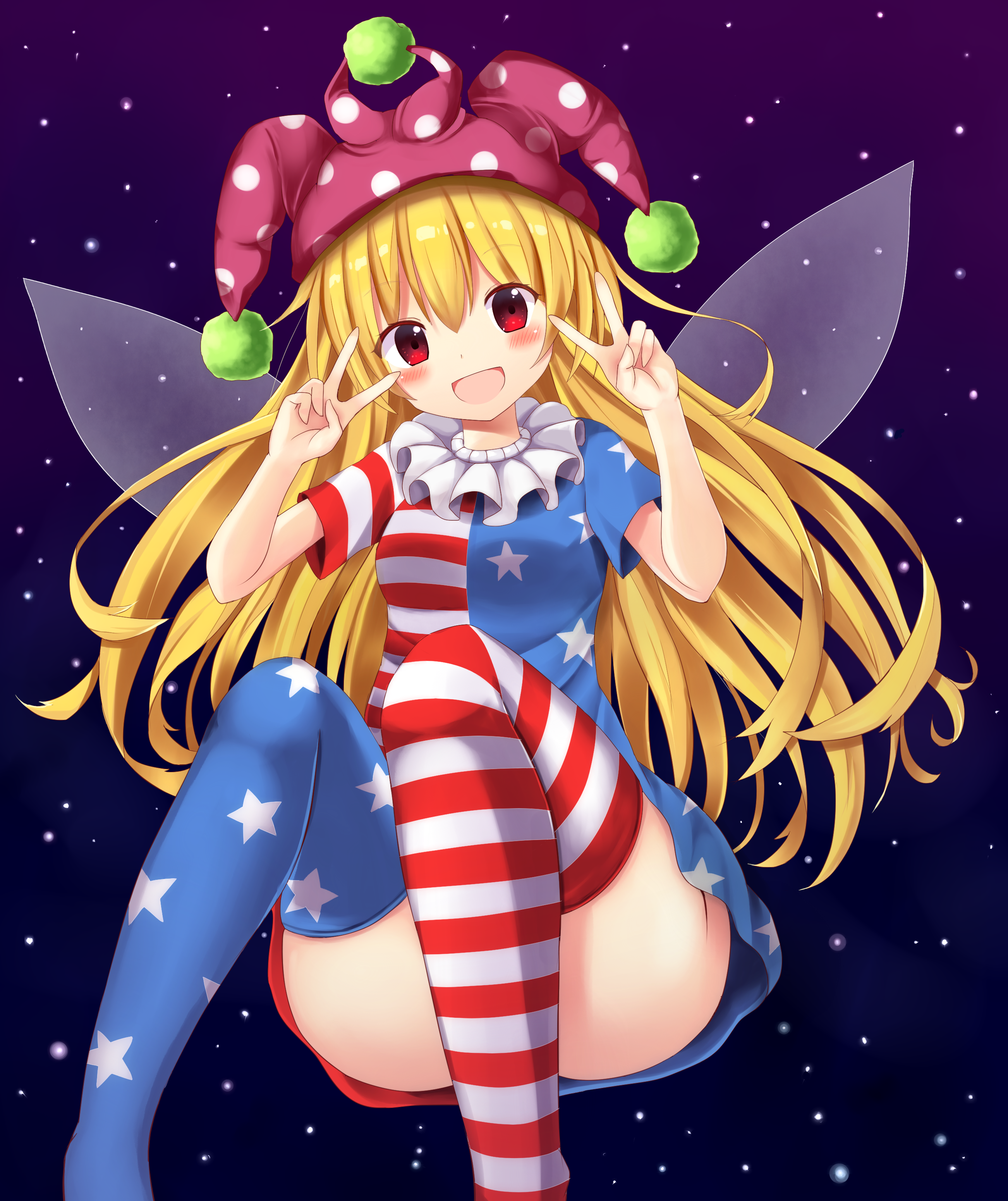 Anime 2603x3100 Touhou Clownpiece anime girls hat blonde red eyes looking at viewer open mouth peace sign American flag thighs thigh high socks