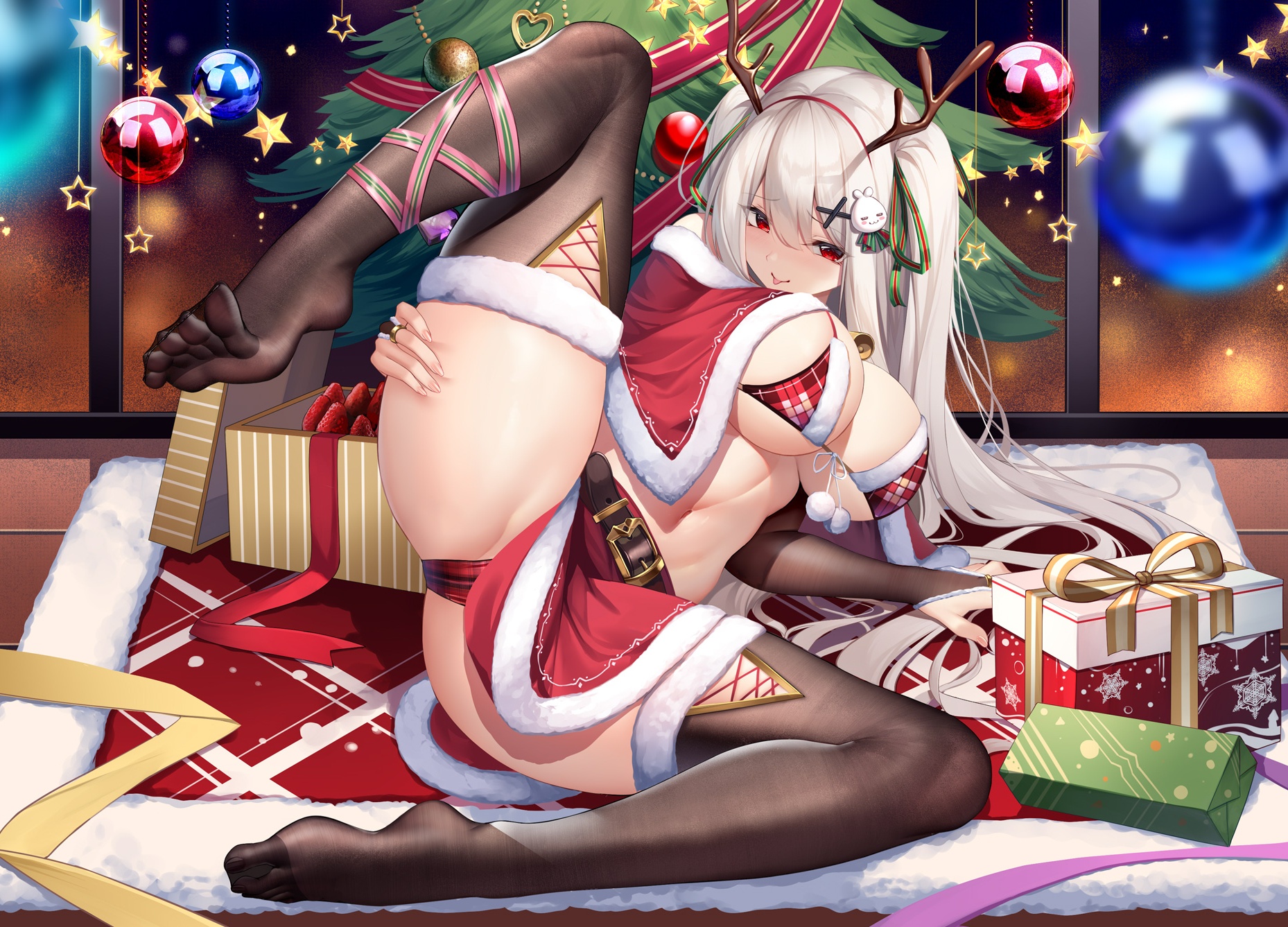 Anime 1858x1337 anime anime girls digital art artwork 2D portrait spread legs big boobs micro bikini thighs crotch floss wide hips feet foot fetishism toes legs white hair long hair red eyes belly belly button belt Christmas clothes Christmas Christmas ornaments  stockings stars presents thigh-highs MeIoN