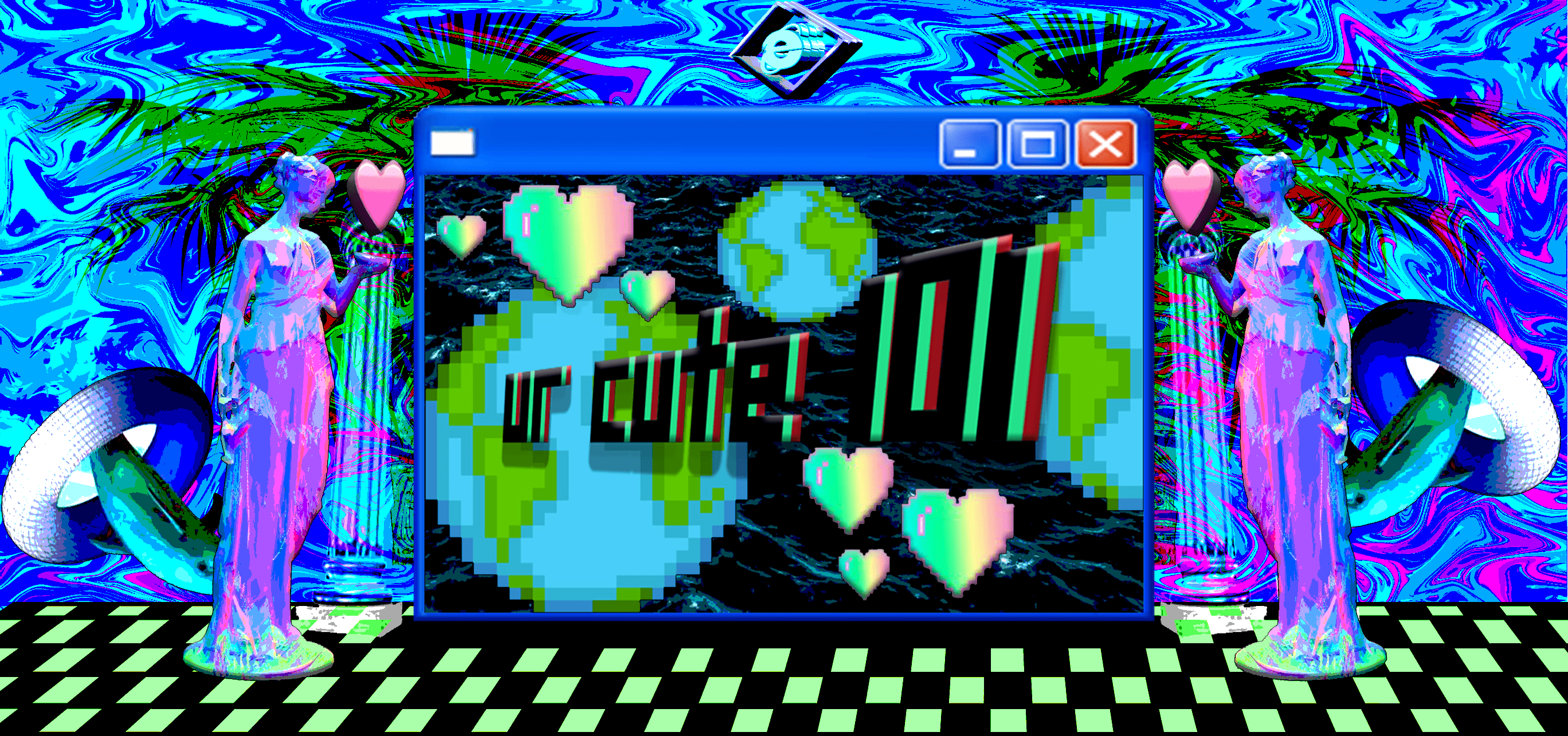 General 2736x1285 vaporwave retrowave Retro computers 3D Abstract Earth Internet Explorer trees colorful