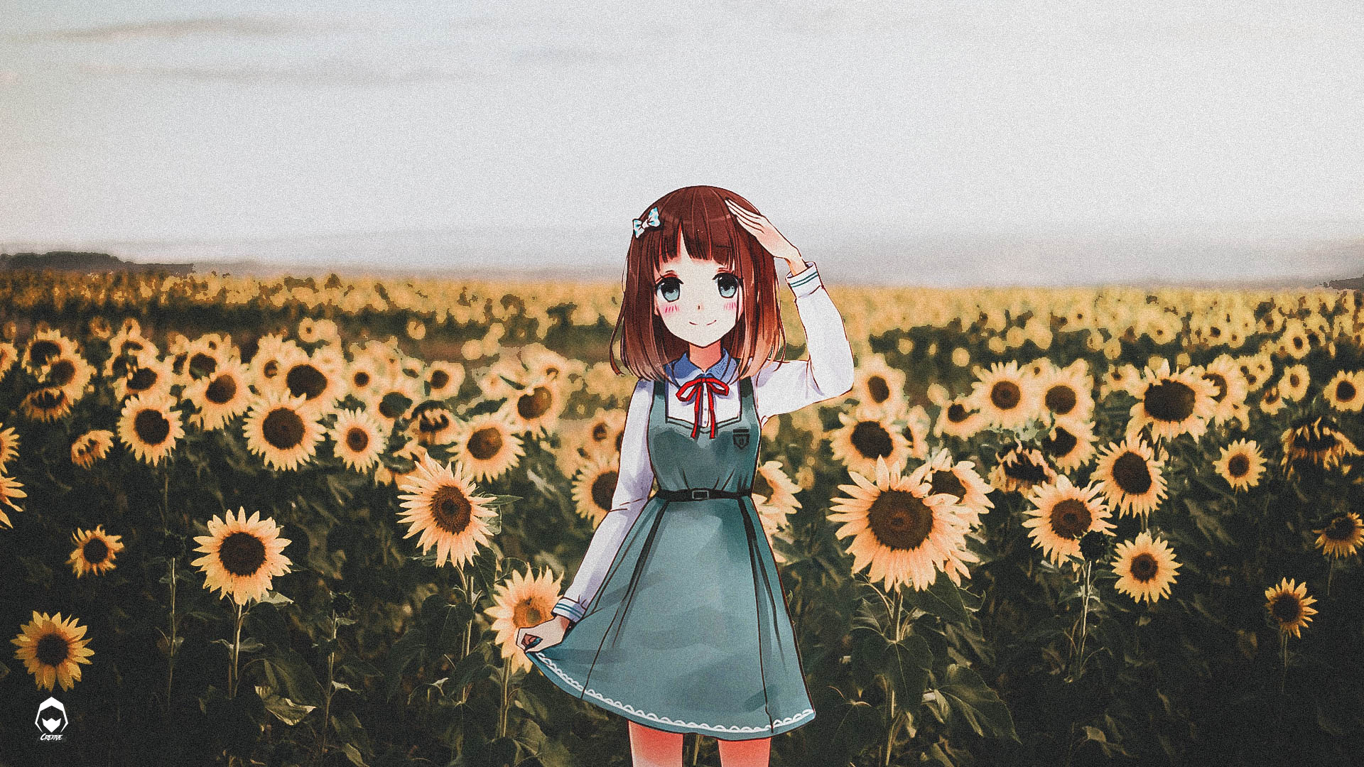 Anime 1920x1080 sunflowers anime girls anime flowers plants yellow flowers redhead dress looking at viewer field