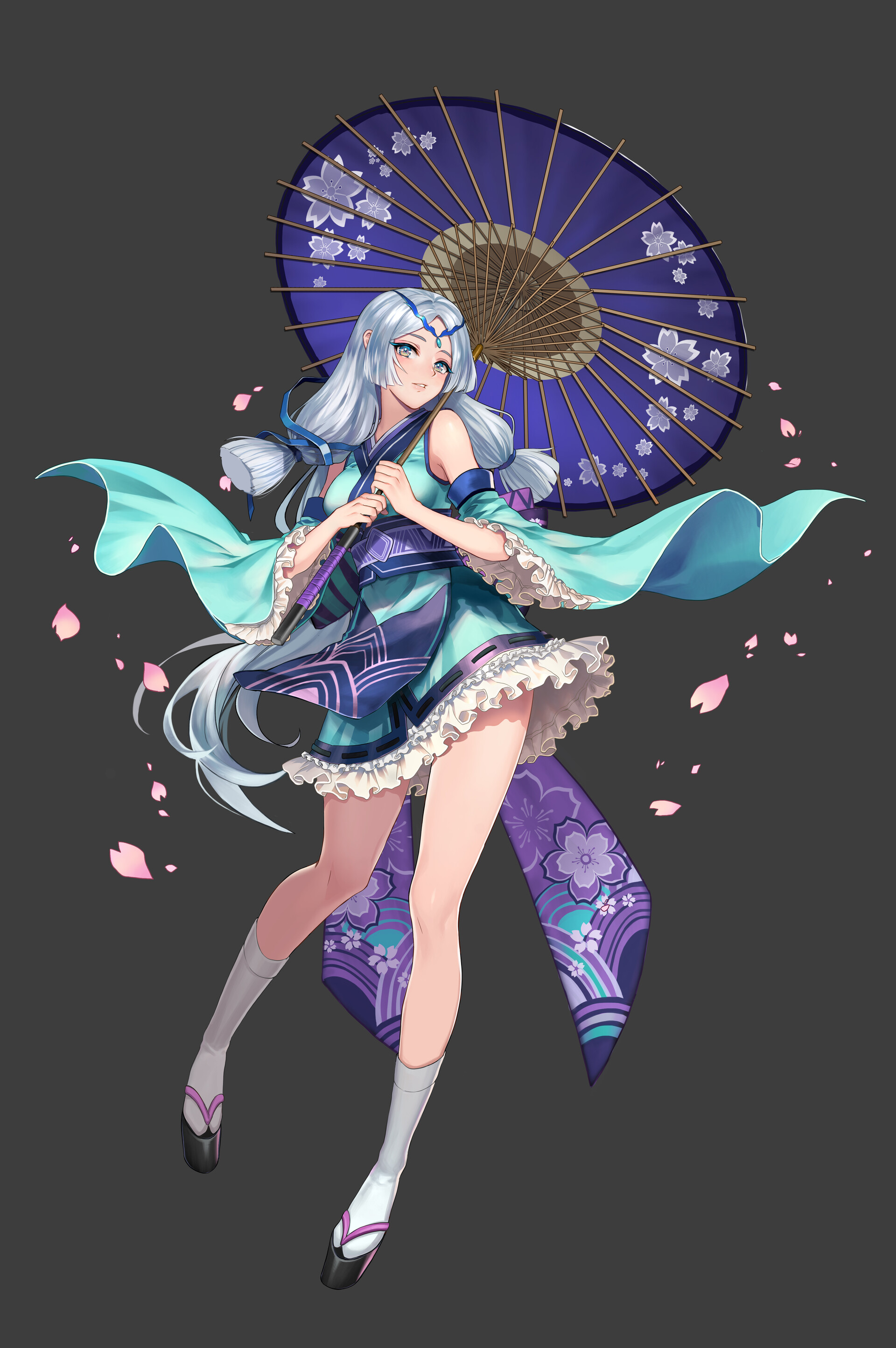 Anime 1920x2886 anime anime girls gray background simple background legs looking at viewer umbrella fantasy girl silver hair Momori