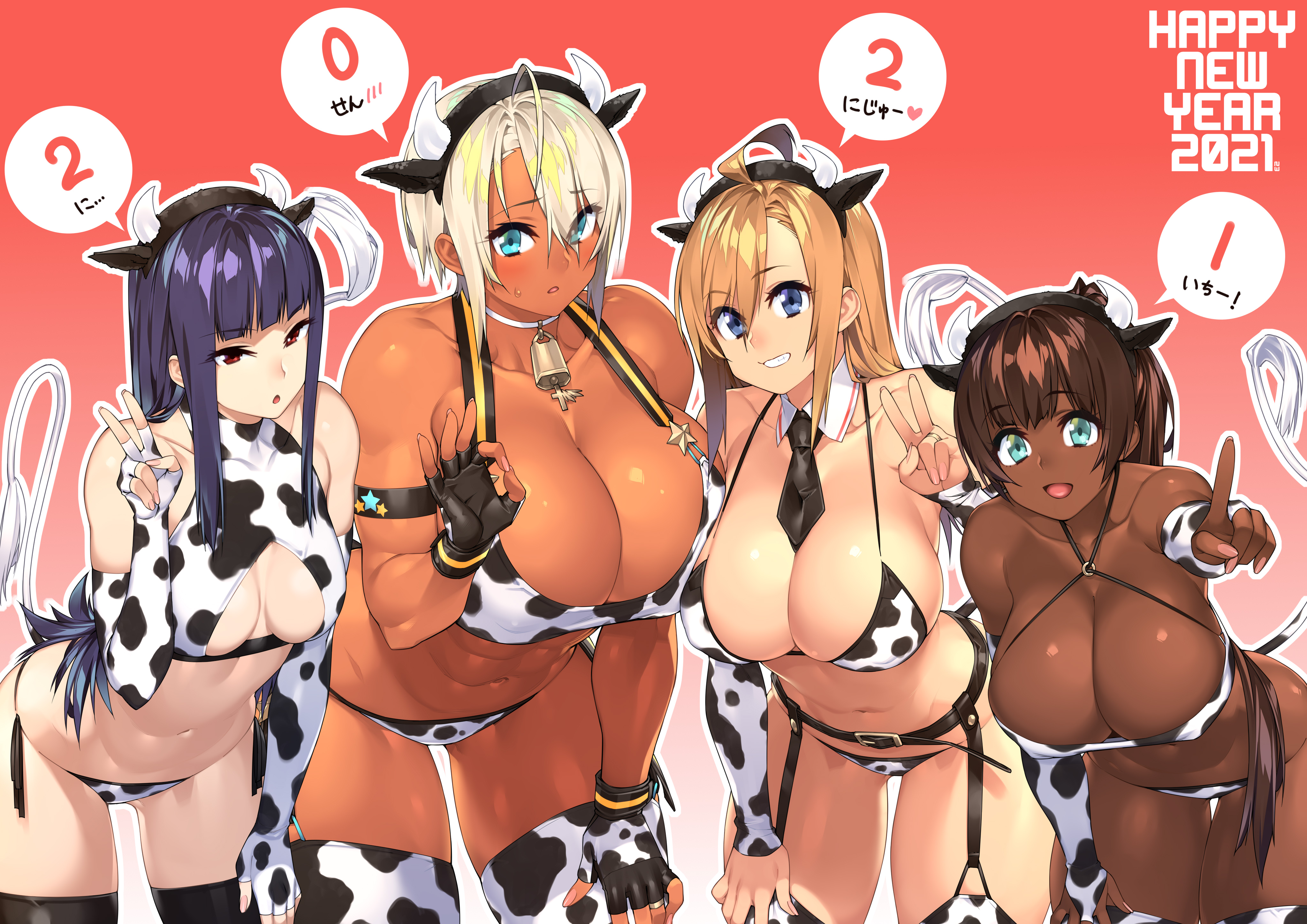Anime 4093x2894 anime anime girls New Year dark skin cow girl bikini simple background big boobs cleavage Real XXIII horns animal ears tail huge breasts cowkinis