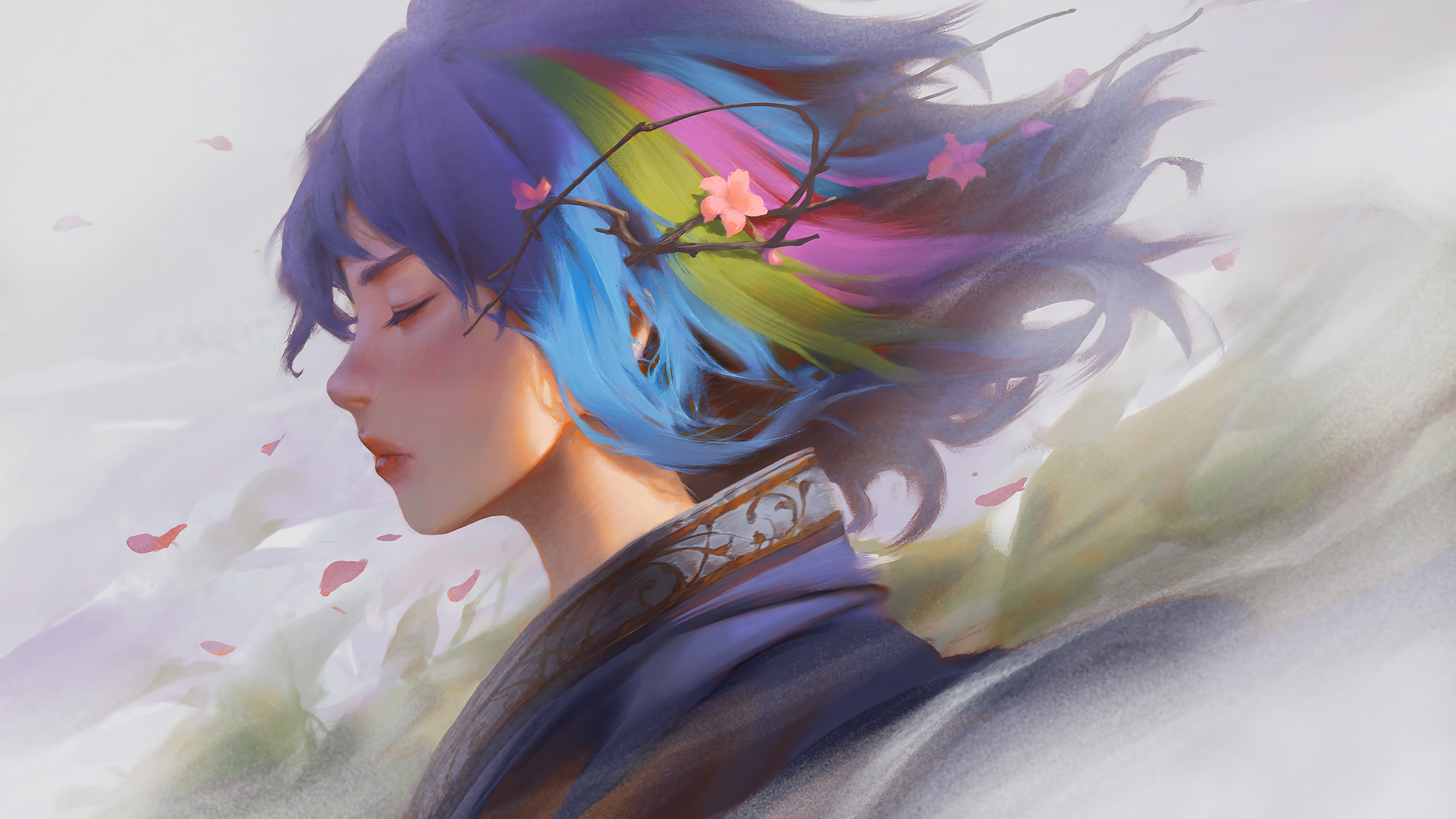 General 3840x2160 fantasy girl closed eyes blue hair kimono women flowers flower in hair artwork fantasy art digital art petals Dao Trong Le