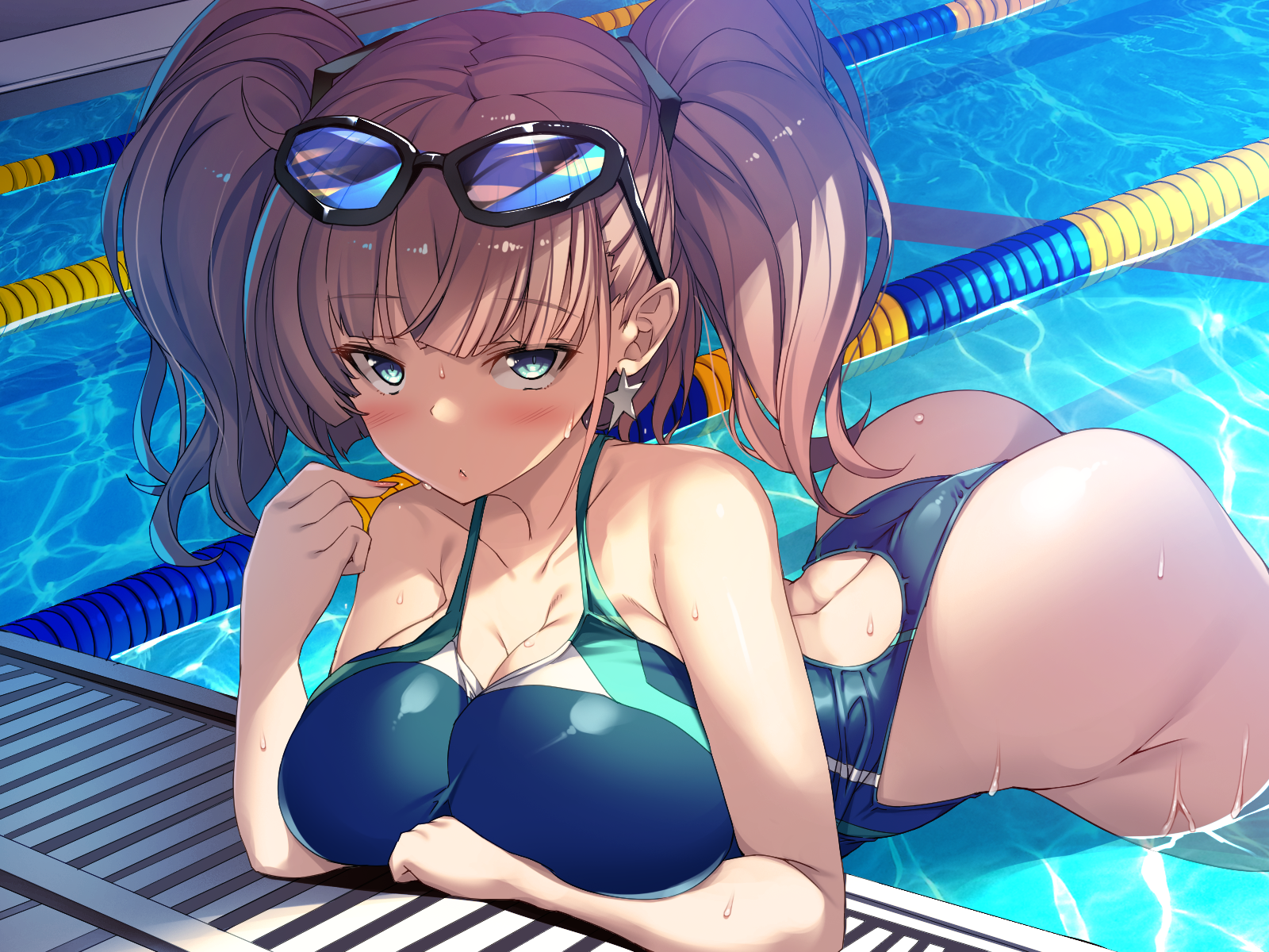 Anime 1600x1200 anime anime girls Kantai Collection Atlanta (KanColle) sunglasses ass swimwear swimming pool big boobs Torisan one-piece swimsuit bent over blushing blue eyes twintails brunette water