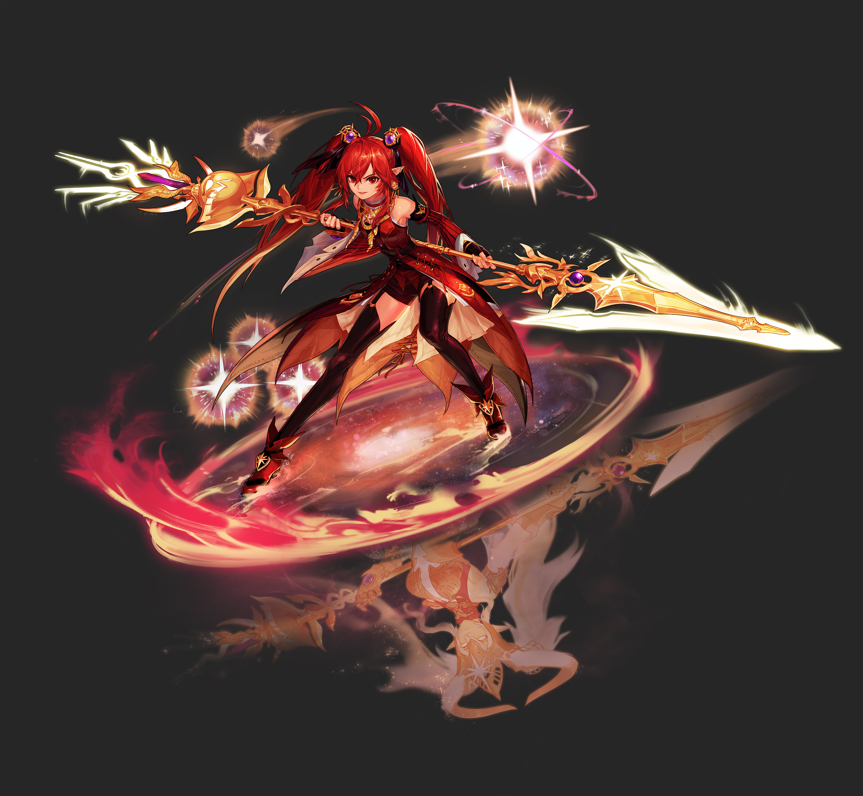 Anime 3000x2768 Dungeon and Fighter anime anime girls simple background black background redhead weapon long hair fantasy art fantasy girl pointy ears