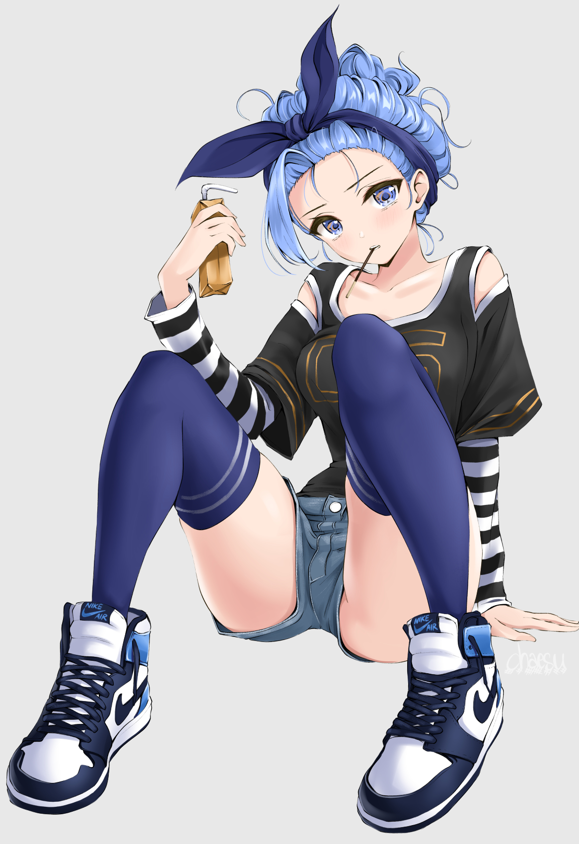 Anime 1166x1700 blue hair anime girls anime tied hair sneakers stockings thigh high socks jean shorts shirt juice blue eyes spread legs Pocky Chaesu short shorts