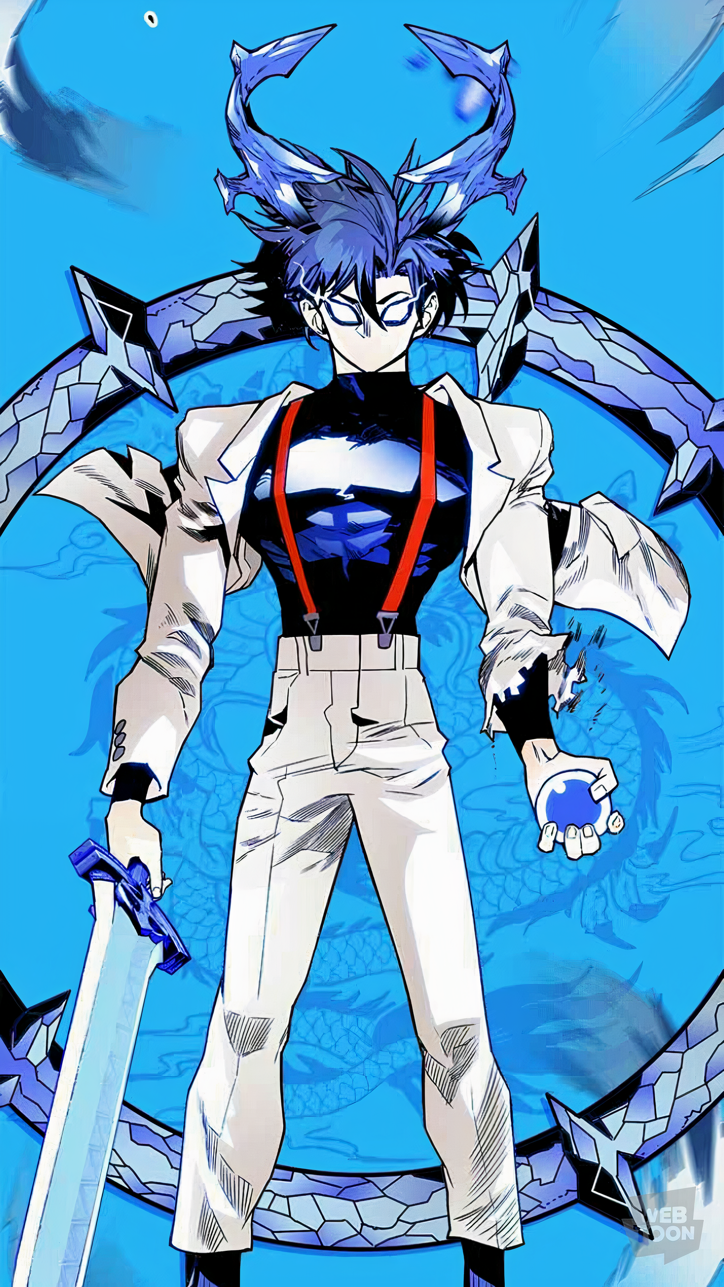 Anime 1440x2560 manhwa Troll trap anime sword blue background standing anime boys