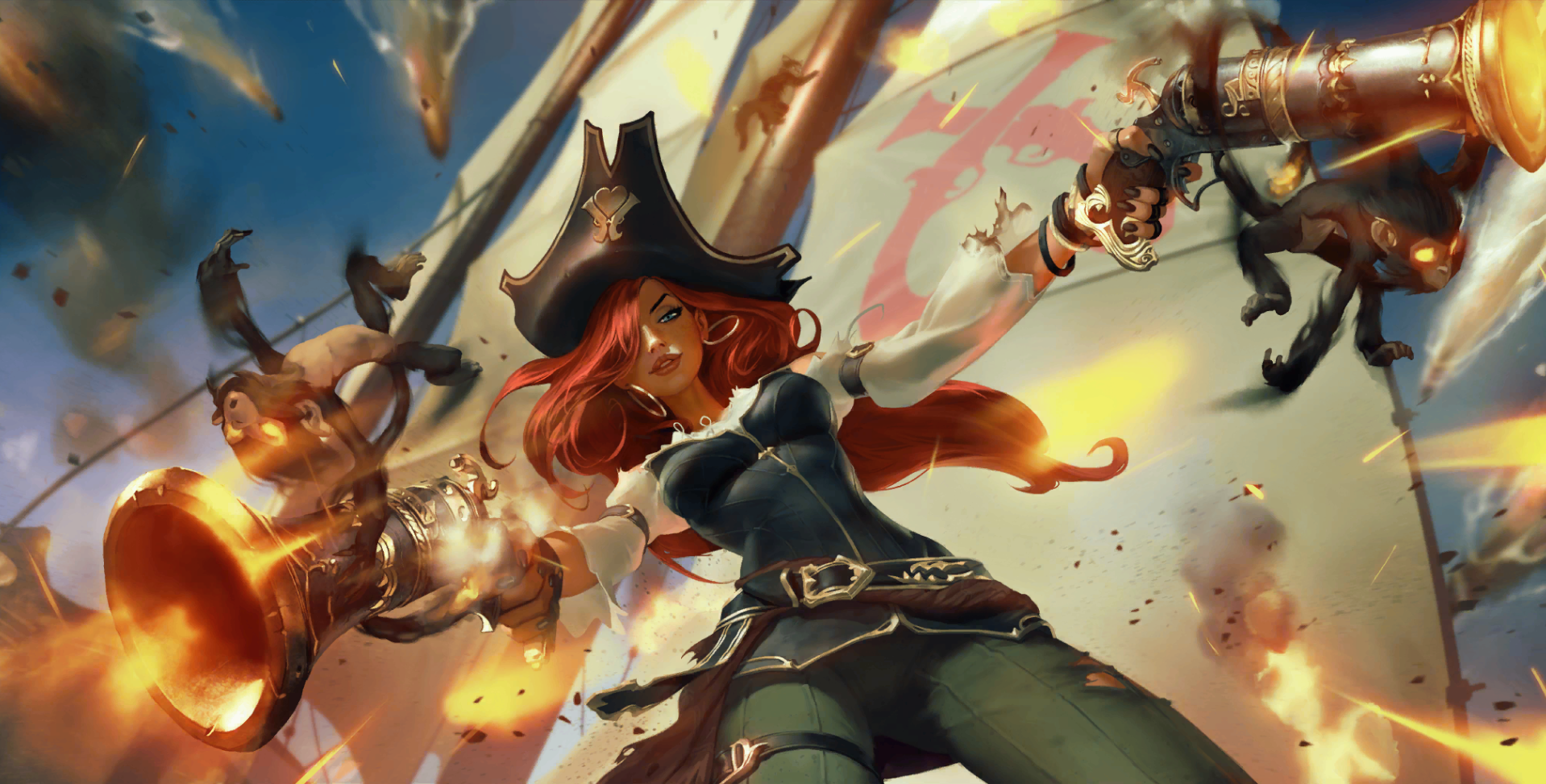 General 1918x973 League of Legends Legends of Runeterra Miss Fortune (League of Legends) women Riot Games video games smoke video game characters gun girls with guns pirate girl pirate hat pirates hair over one eye long hair earring hoop earrings looking at viewer redhead gloves fingerless gloves