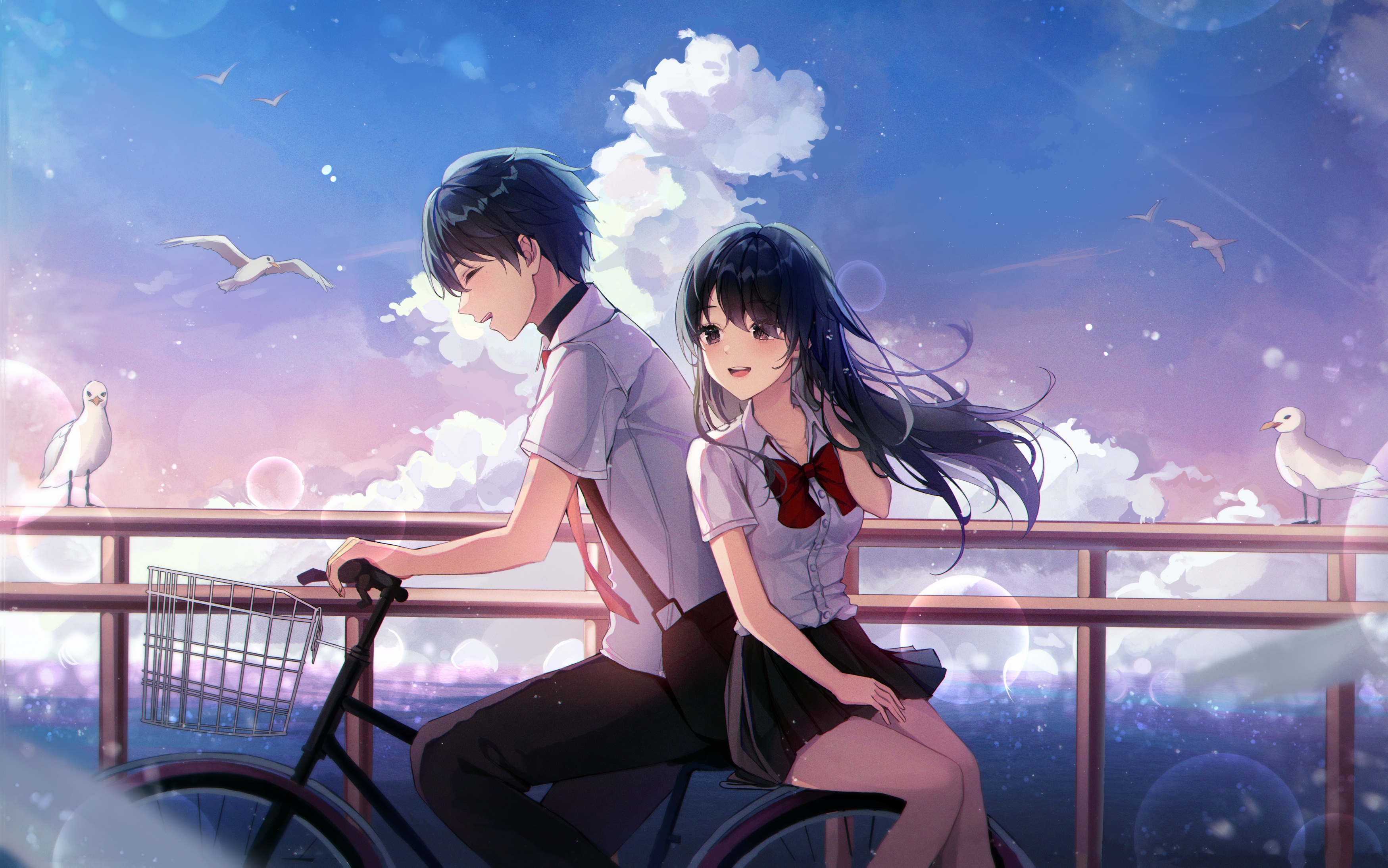 Anime 3498x2188 anime anime girls EunYoo artwork anime boys couple bicycle sky school uniform